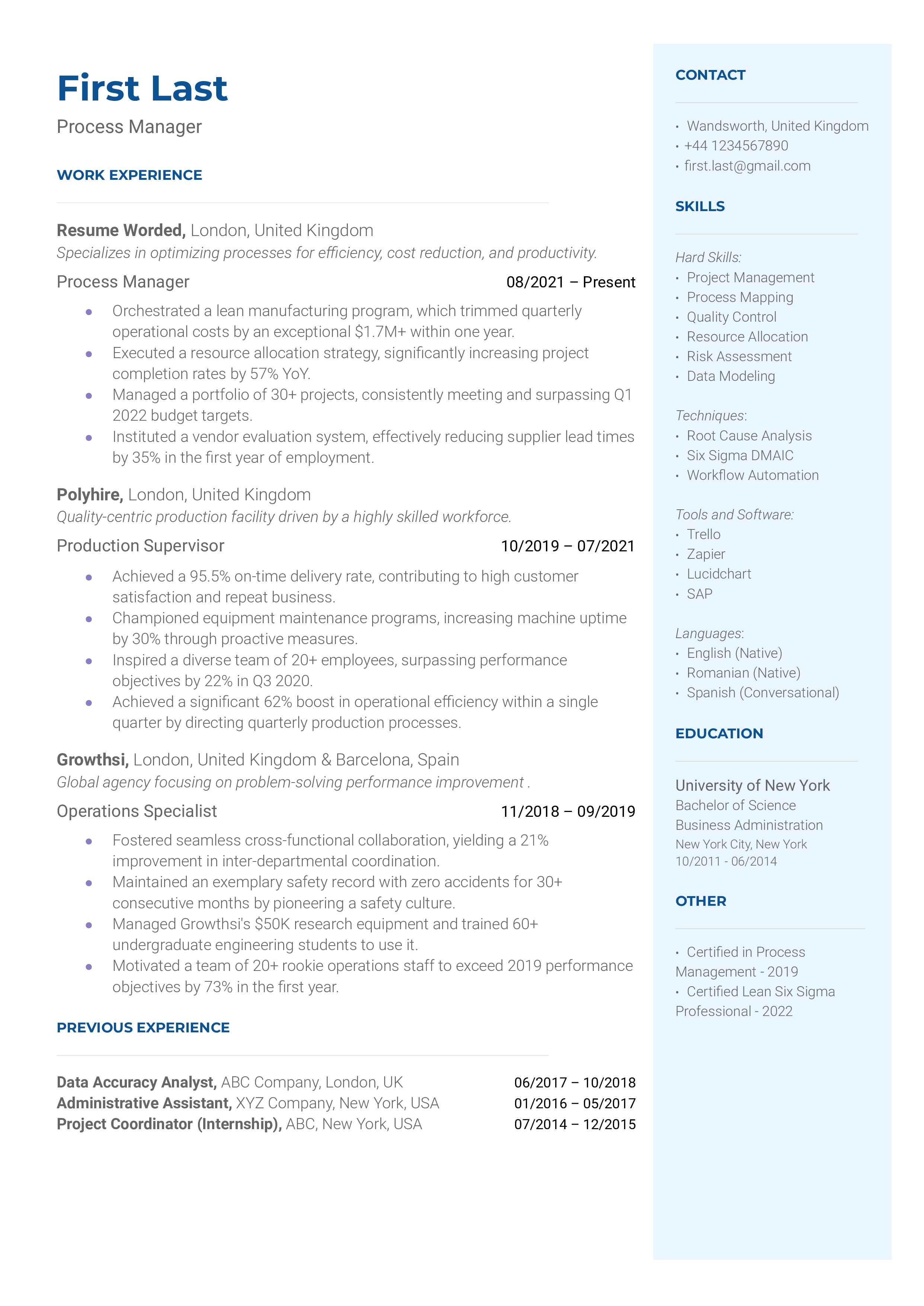 Process Manager Resume Sample