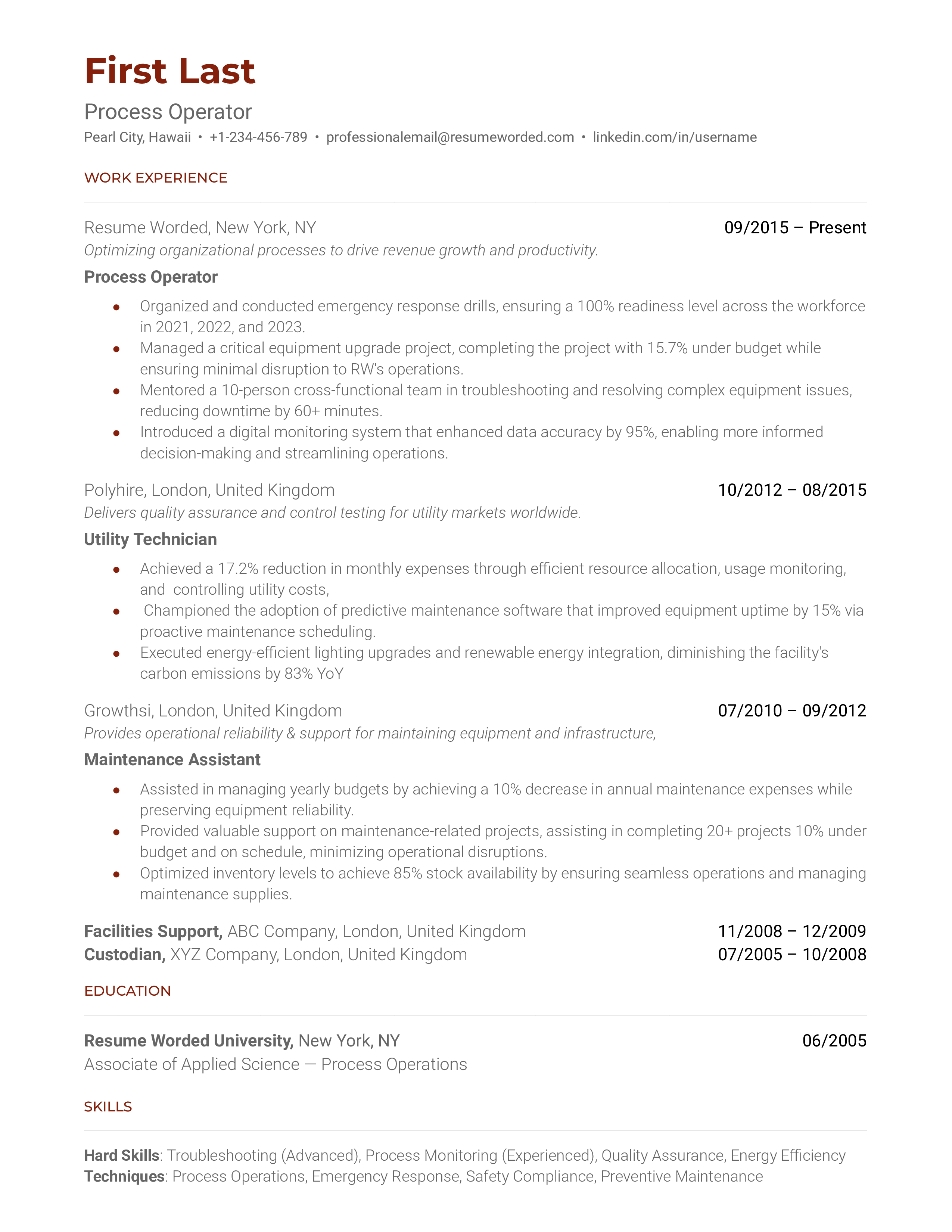 Process Operator Resume Sample