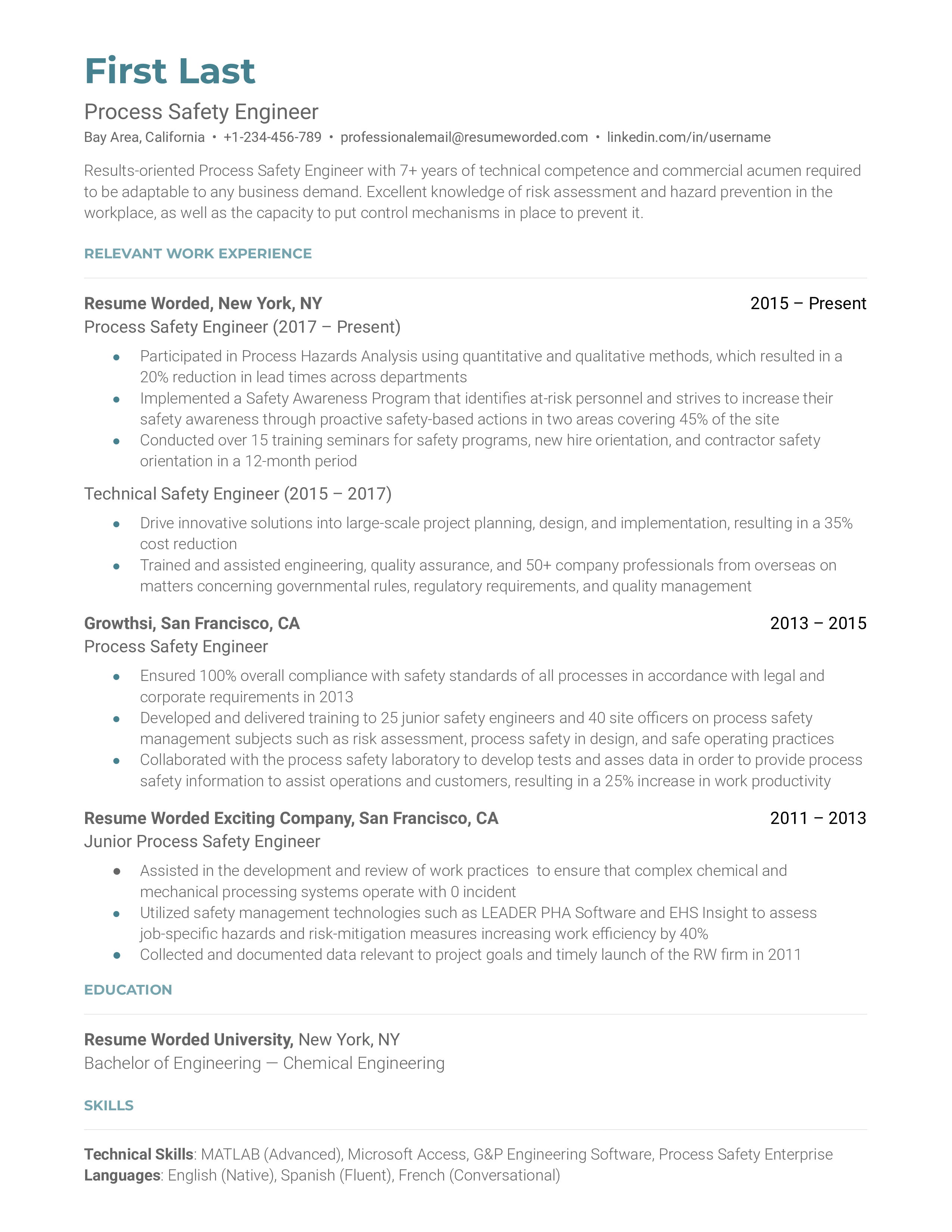 A process safety engineer resume template that uses metrics to quantify achievements