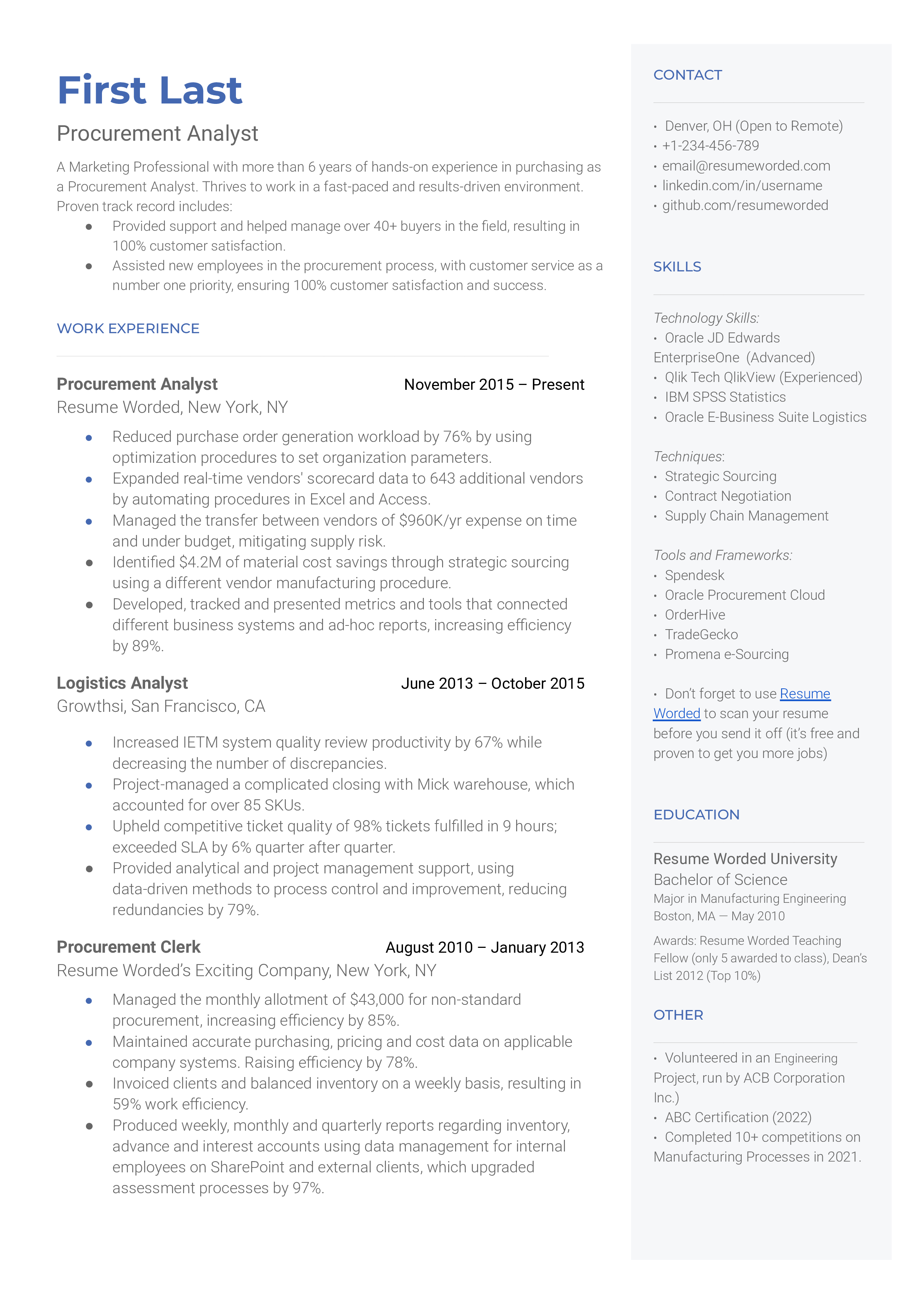A procurement analyst resume sample that highlights the candidate's achievements and long-term experience.