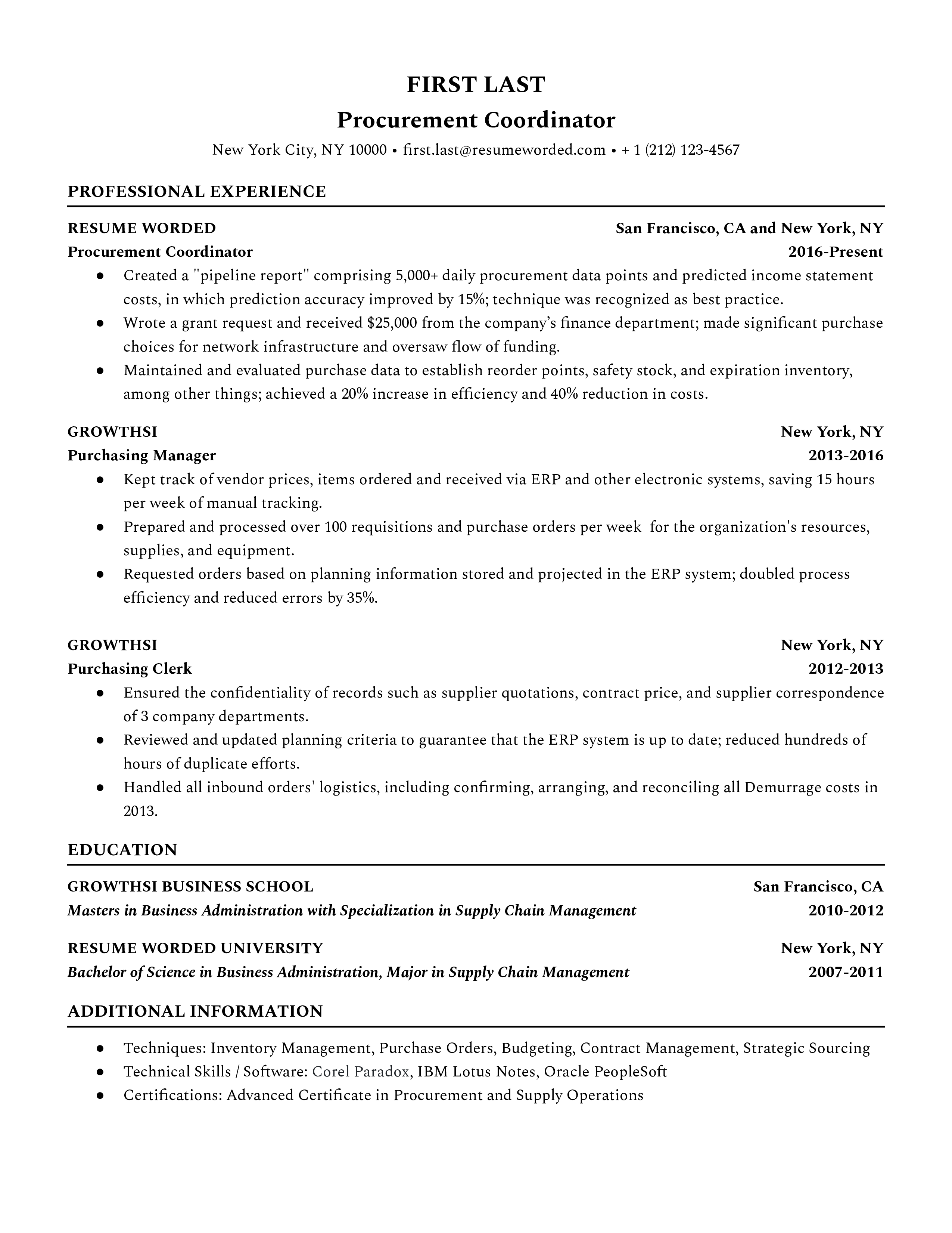 A procurement coordinator resume template that emphasizes work experience and education
