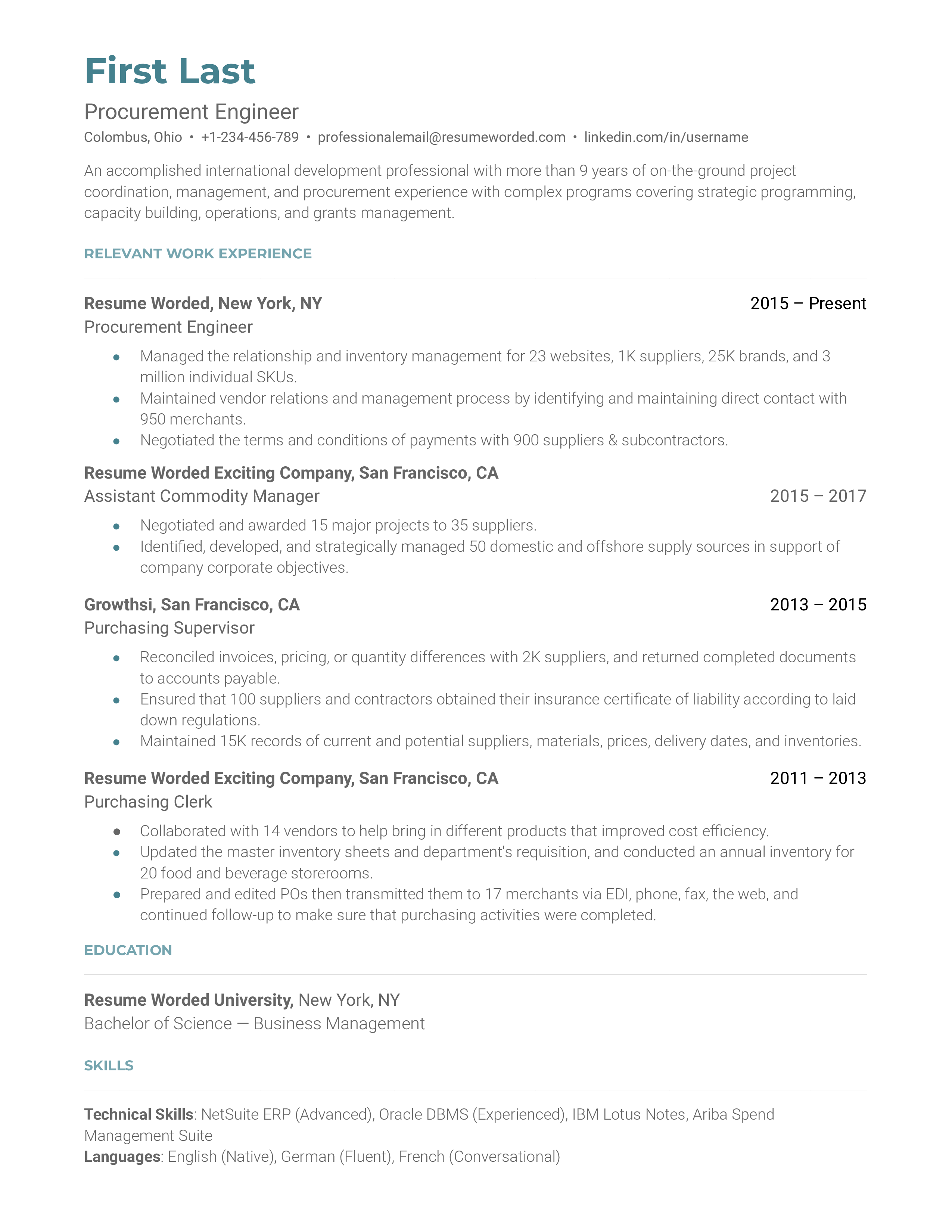 An organized CV showcasing important procurement engineer skills.