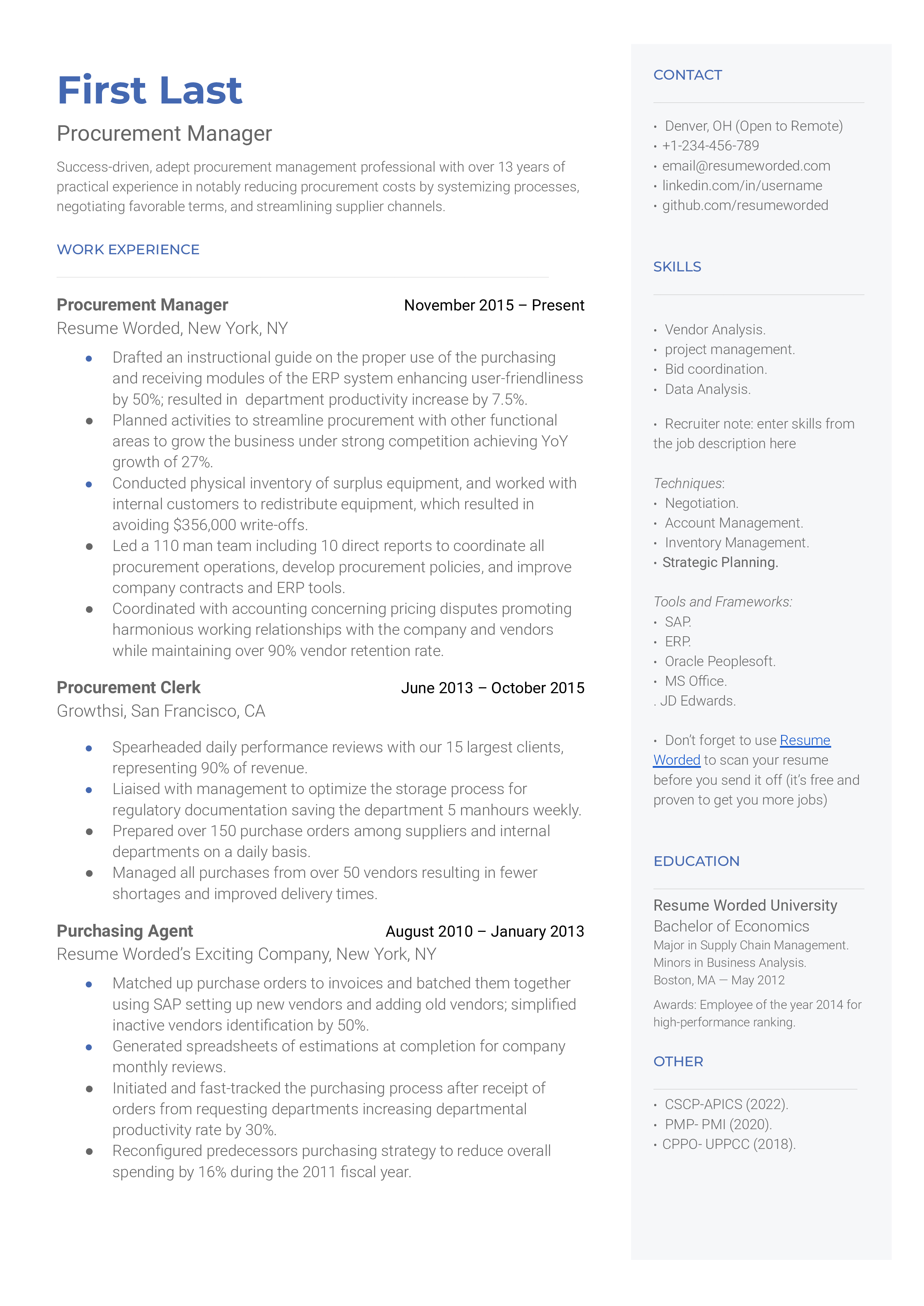 Procurement Manager Resume Sample