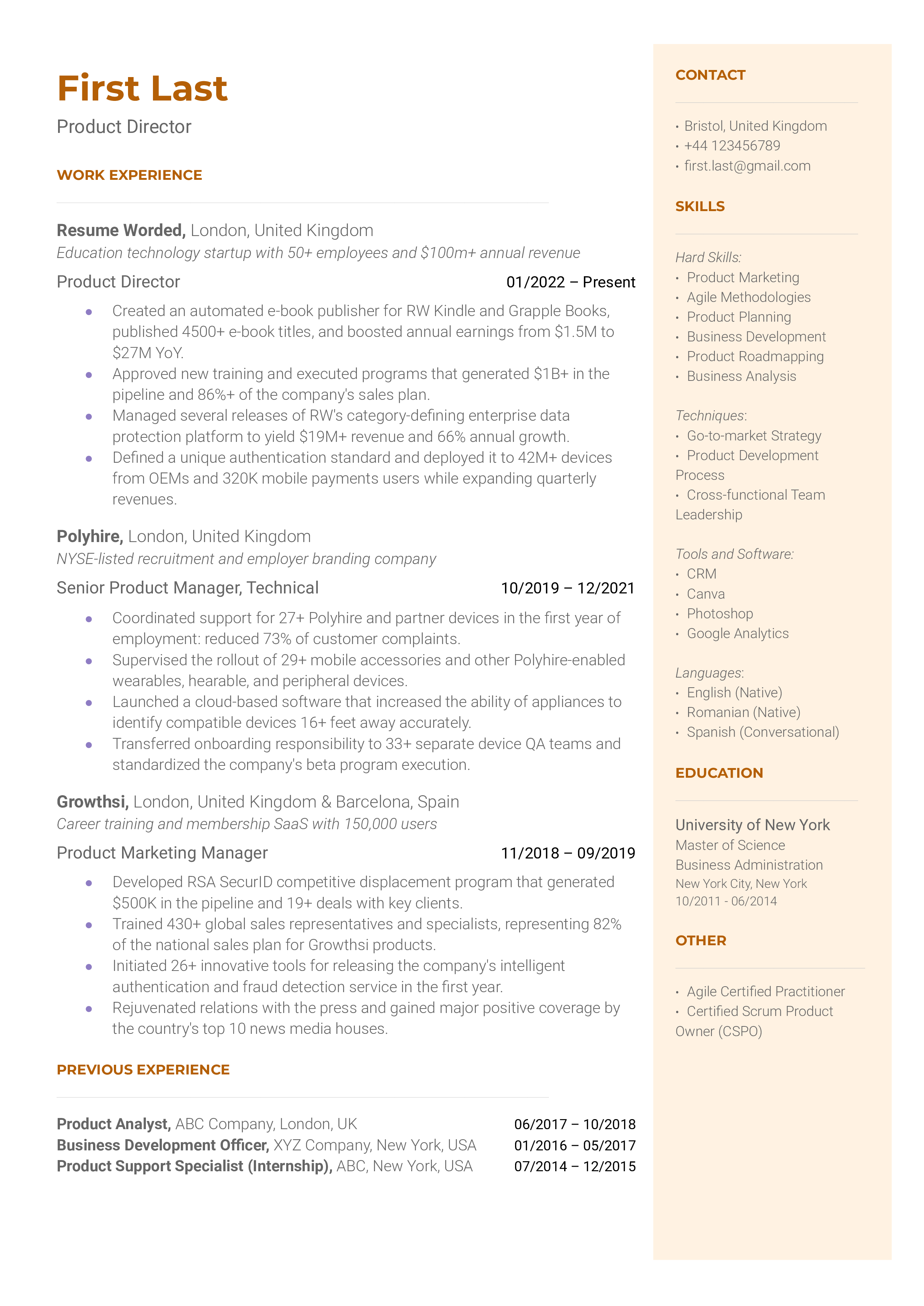 A neatly formatted CV showcasing skills and experiences relevant for a Product Director role.