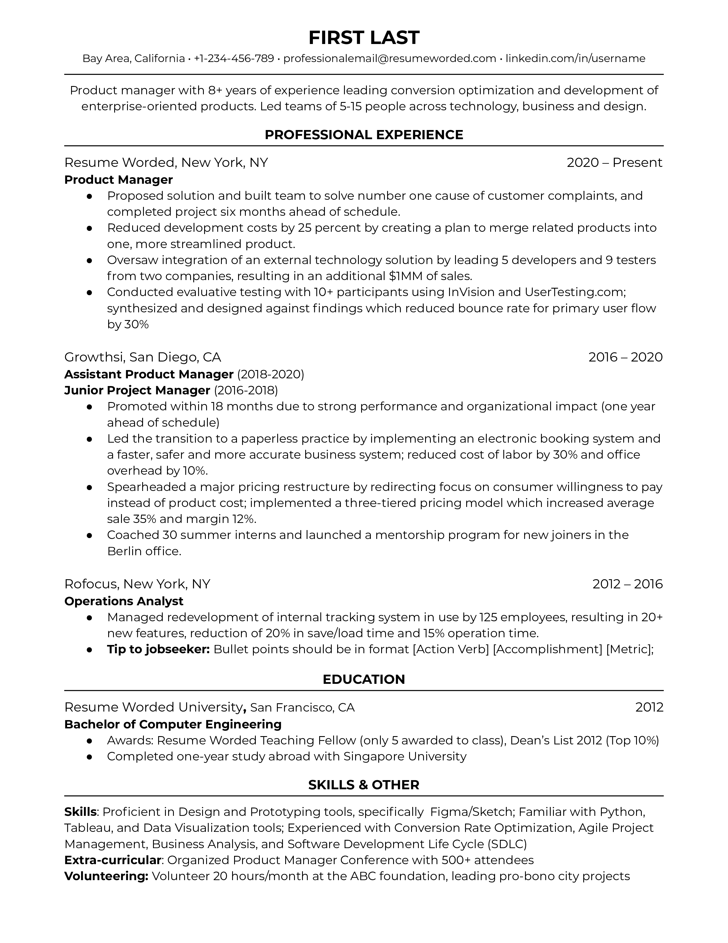 A resume for a product manager with a bachelor's degree in computer engineering and over 8 years experience in product development.