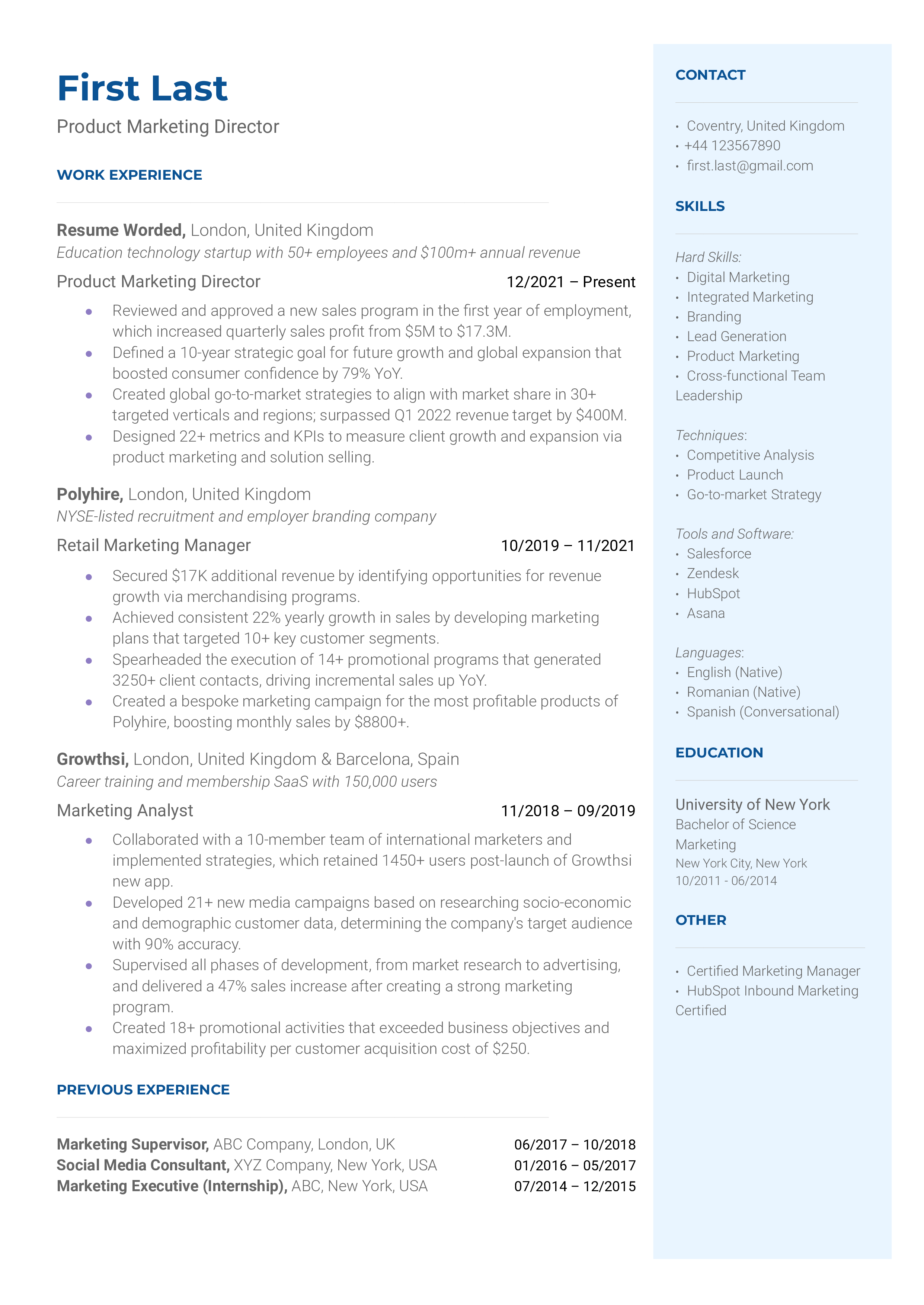 Product Marketing Director CV Example For 2023 Resume Worded
