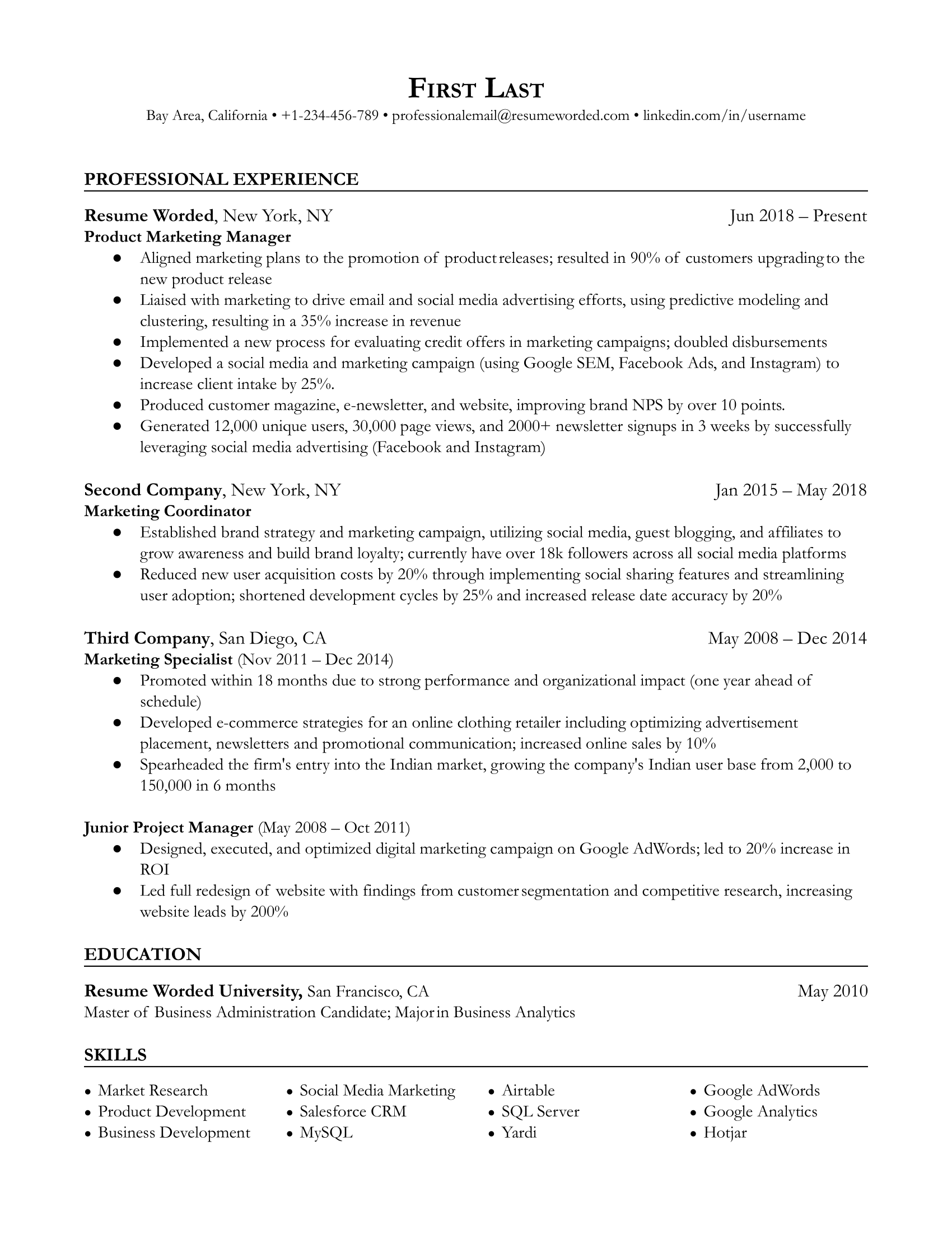 A resume for a product marketing manager with a master's degree in business and experience as a marketing coordinator.