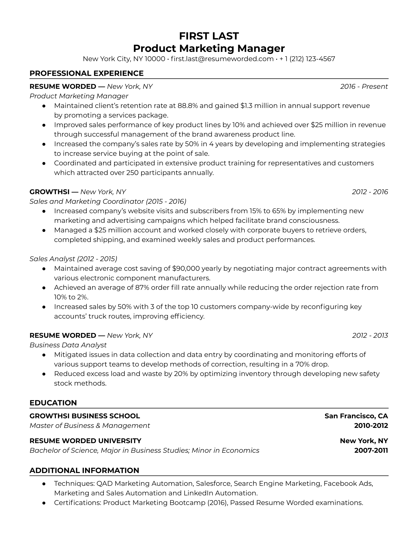 Product marketing manager resume with promotions, work experience, and past achievements