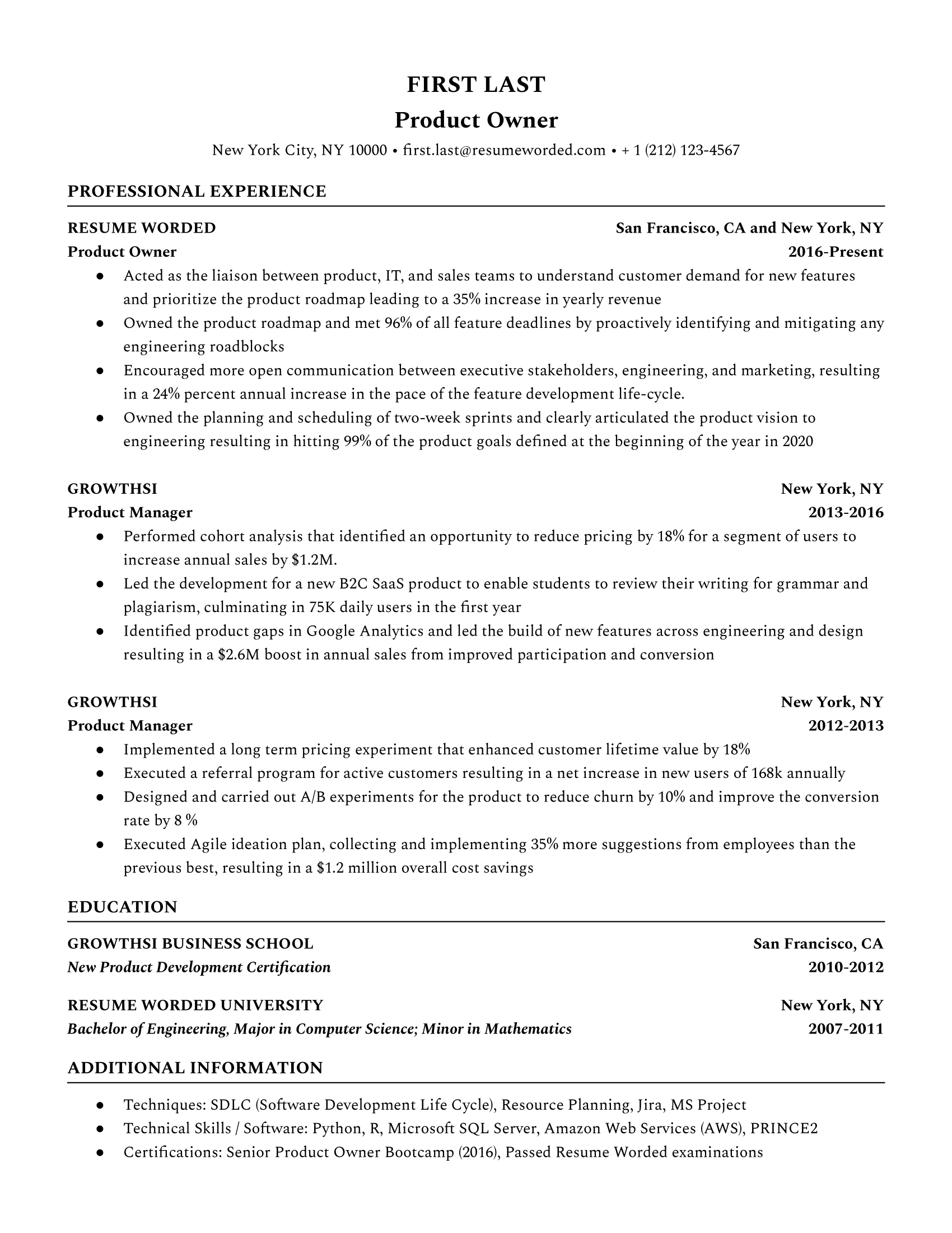 Product Owner Resume Sample