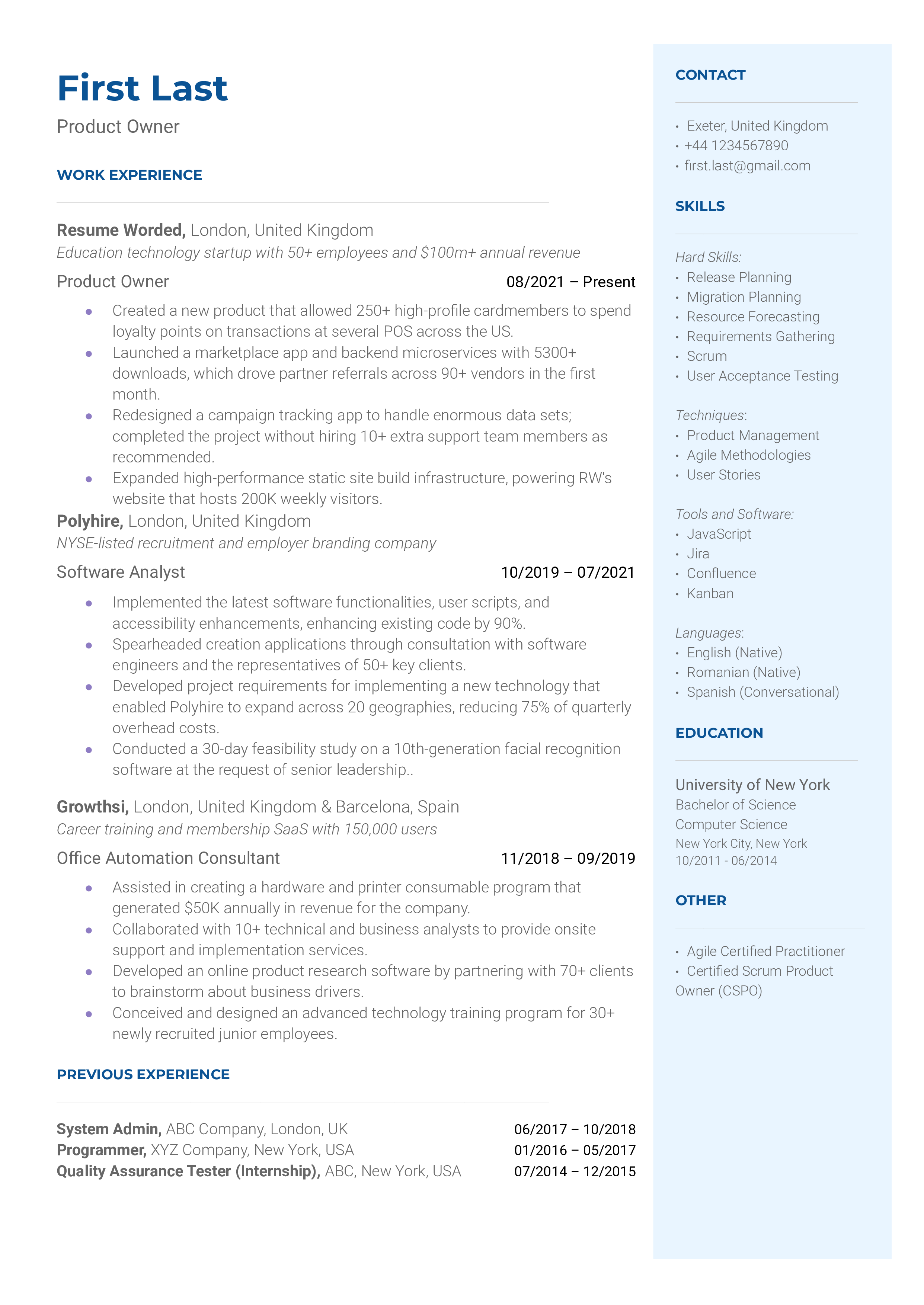 Product Owner CV showcasing Agile proficiency and decision-making skills.