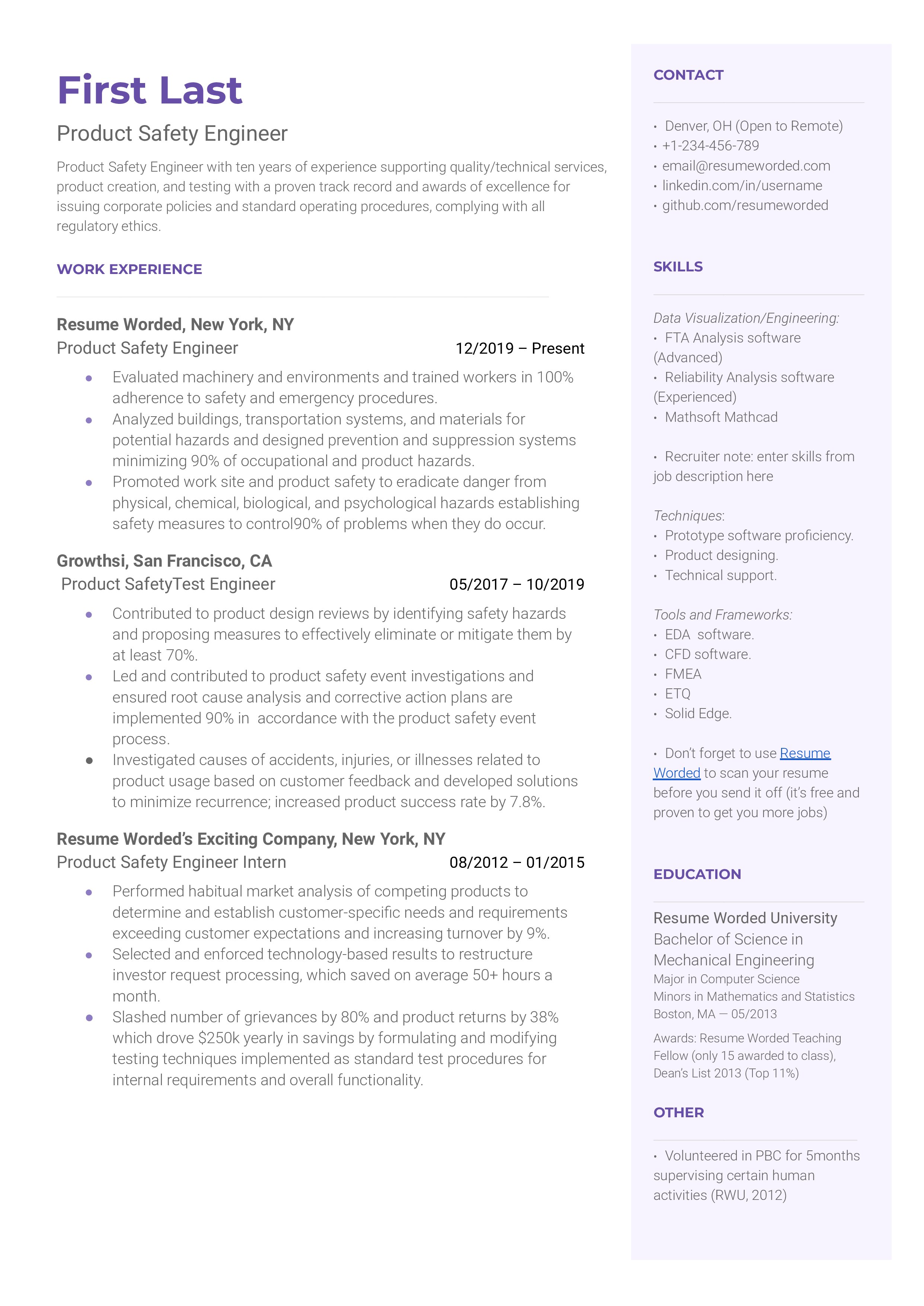 A product safety engineer resume template that organizes work history chronologically and with bullet points