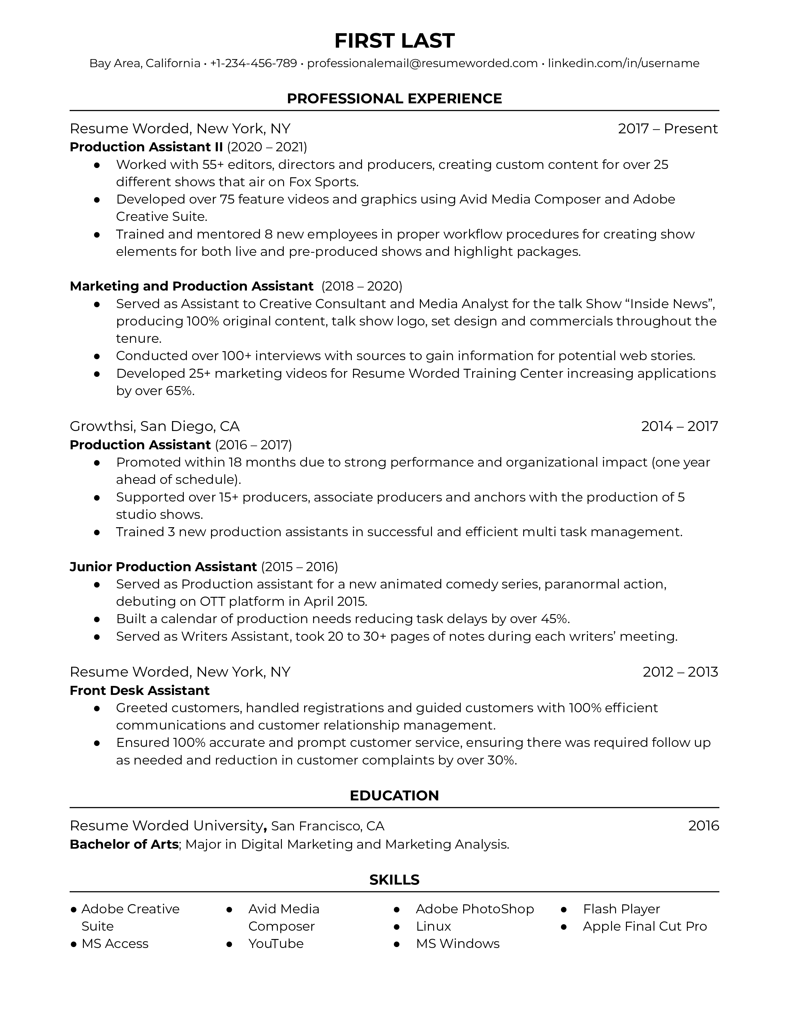 Production Assistant Resume Sample