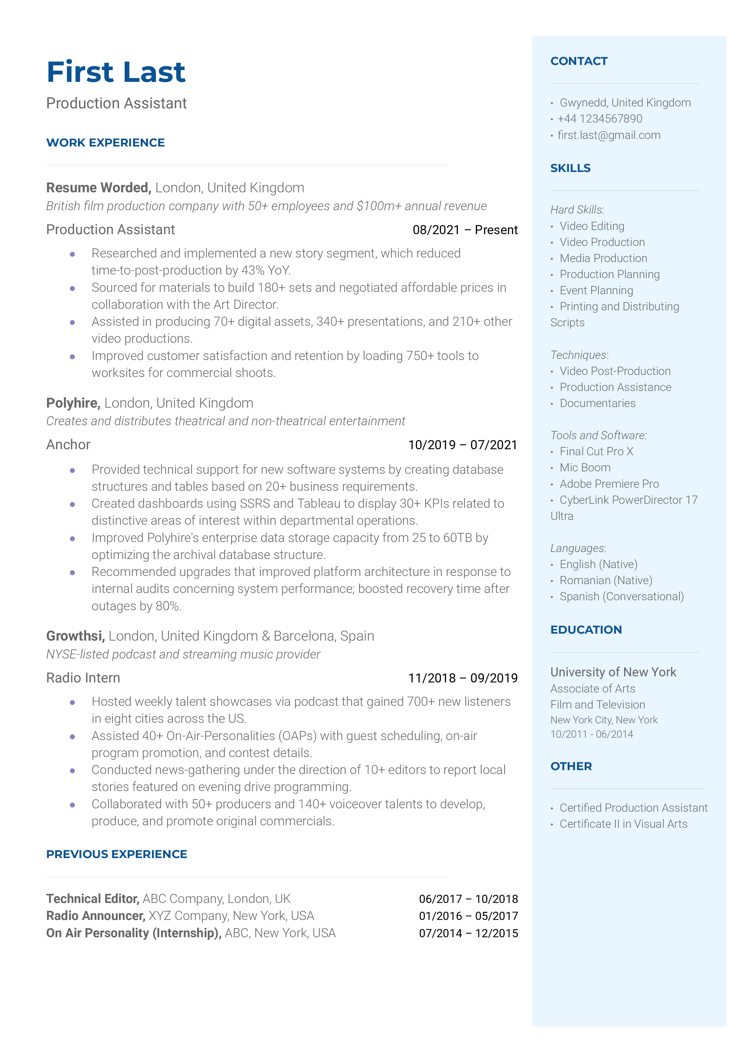Production Assistant resume showcasing multitasking and technical skills