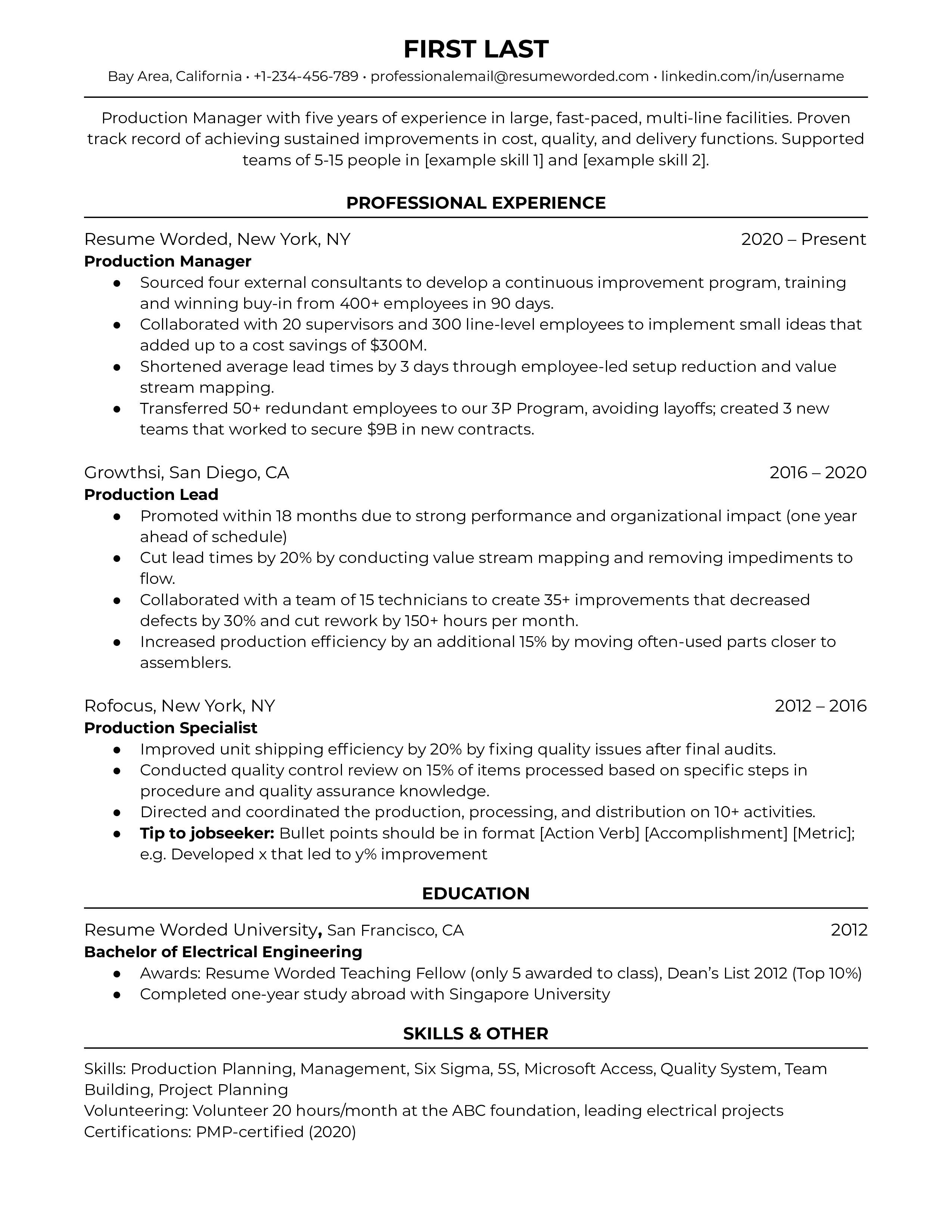 A CV for a production manager emphasizing lean management knowledge and leadership qualities.