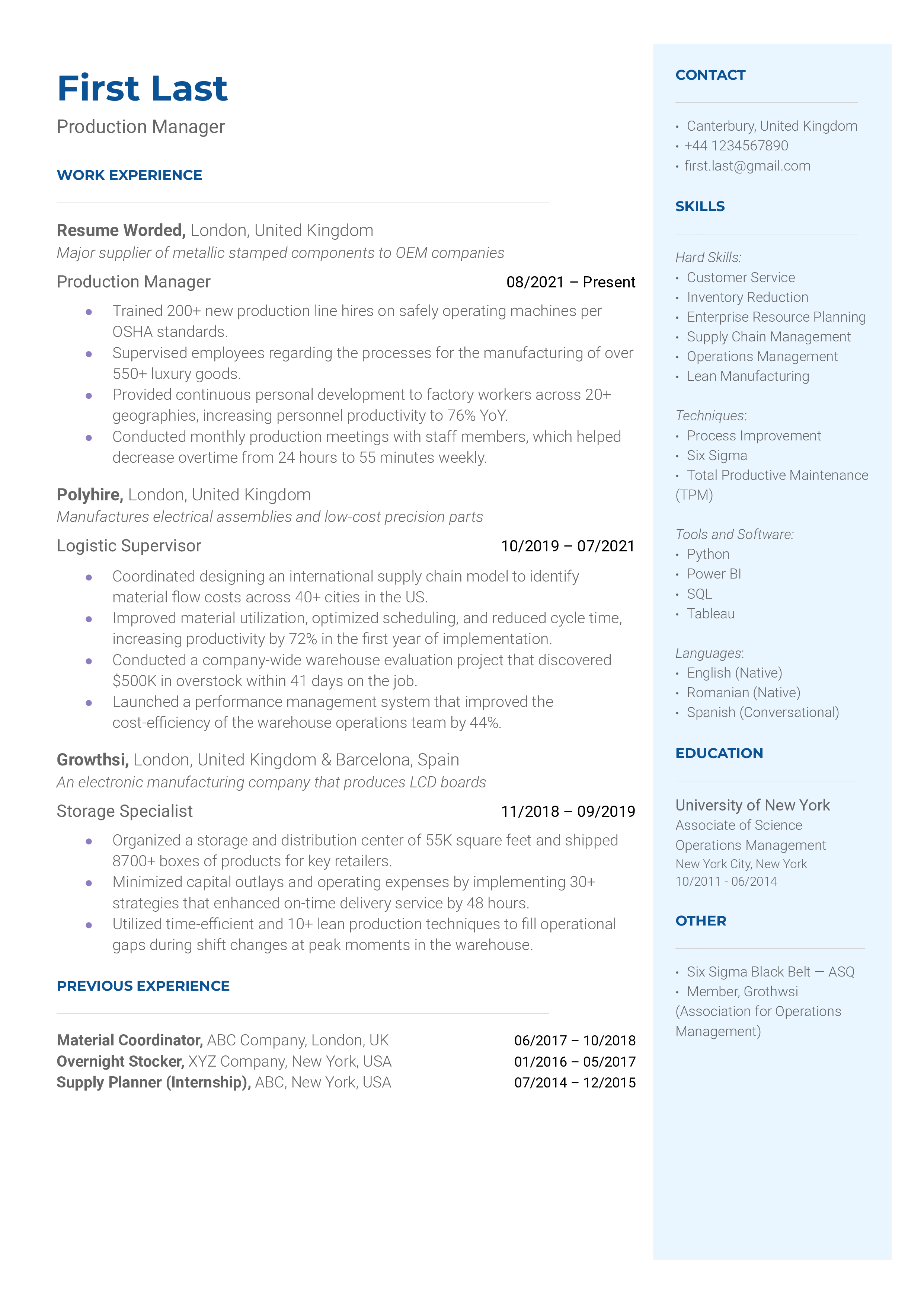 Production Manager resume showcasing experience and achievements