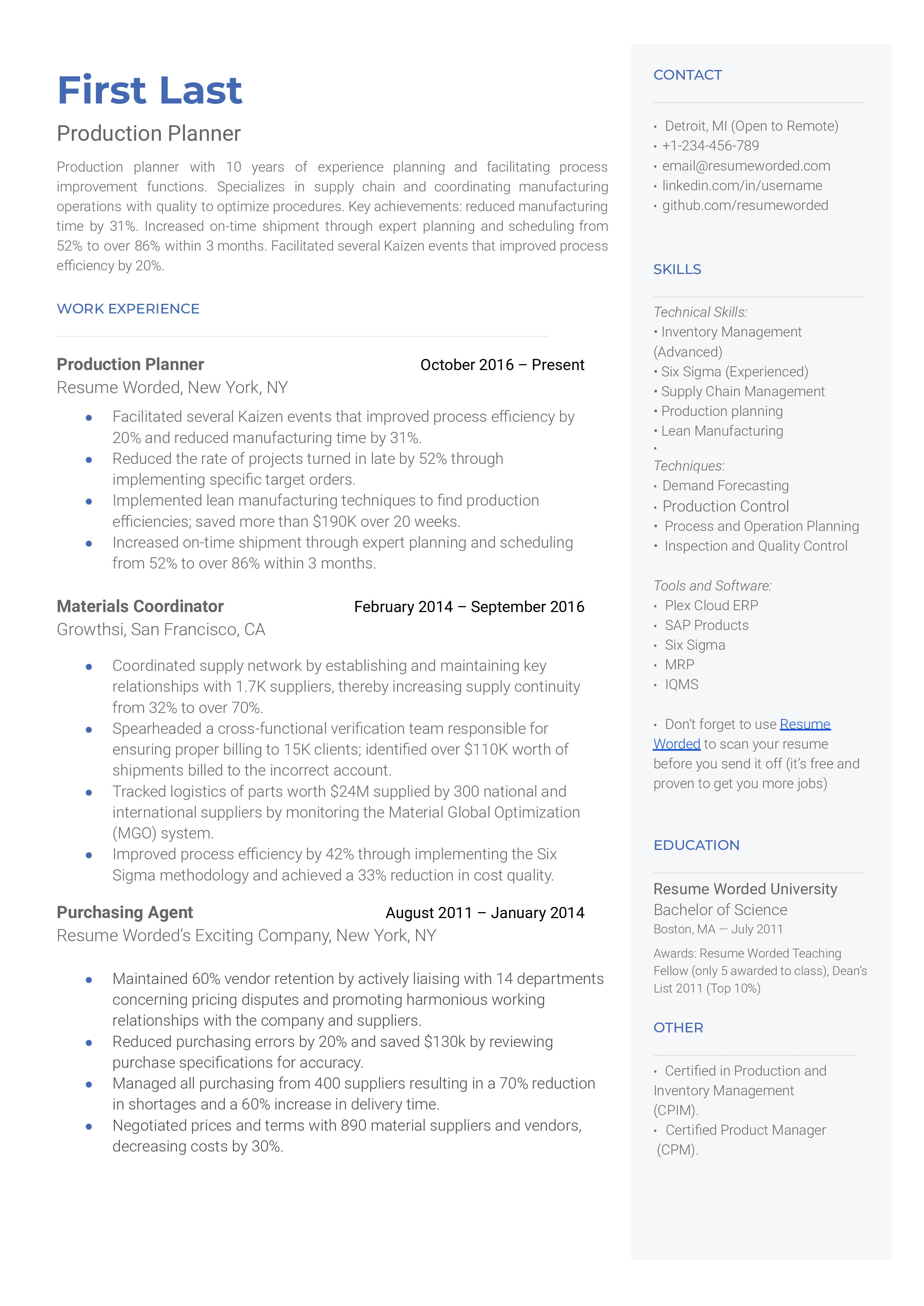 A production planner resume template that emphasizes relevant experience
