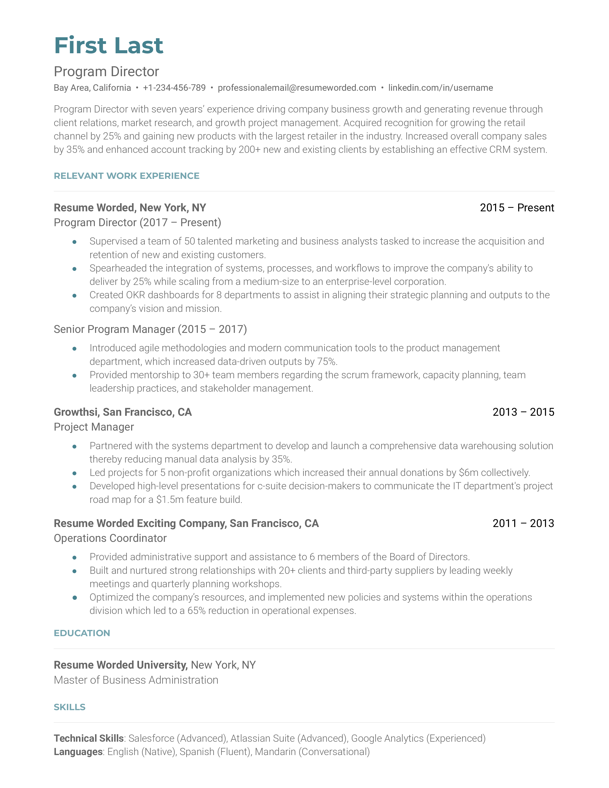 A resume for a program director with a masters degree in business adminstration and experience as a program manager.