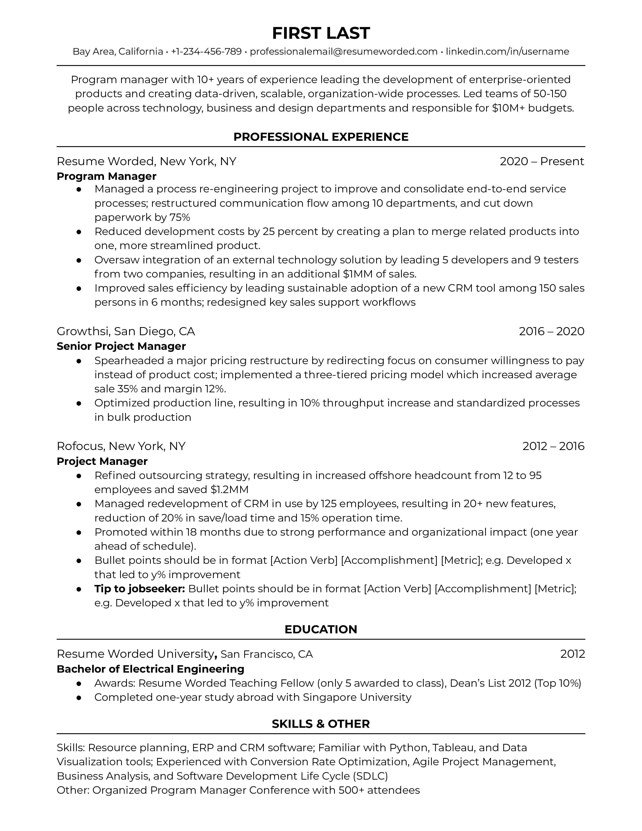 A program manager resume template with bullet points for experience, numeric examples, and relevant information for the role. 