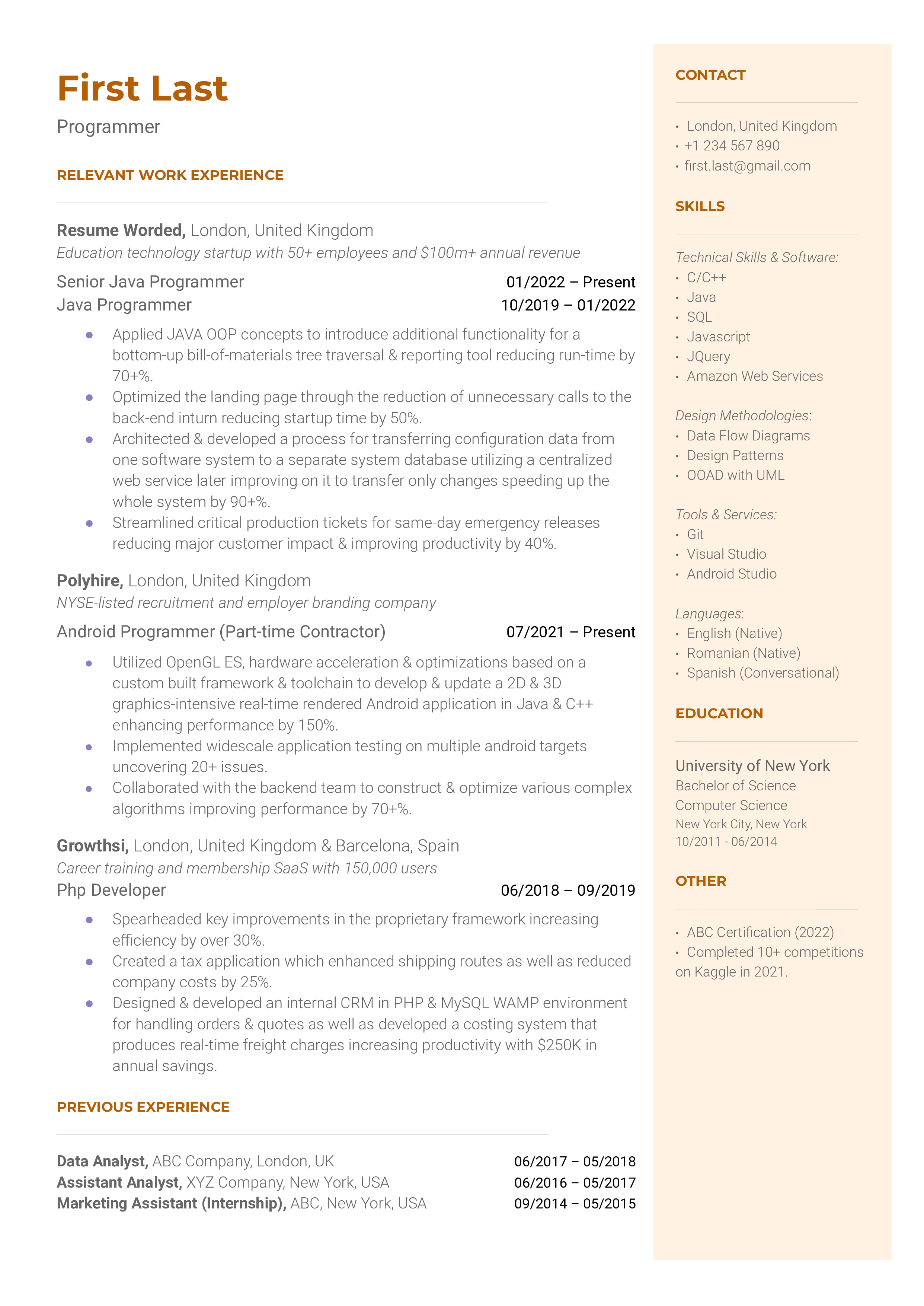 A programmer resume template that showcases industry experience, skills, and certifications
