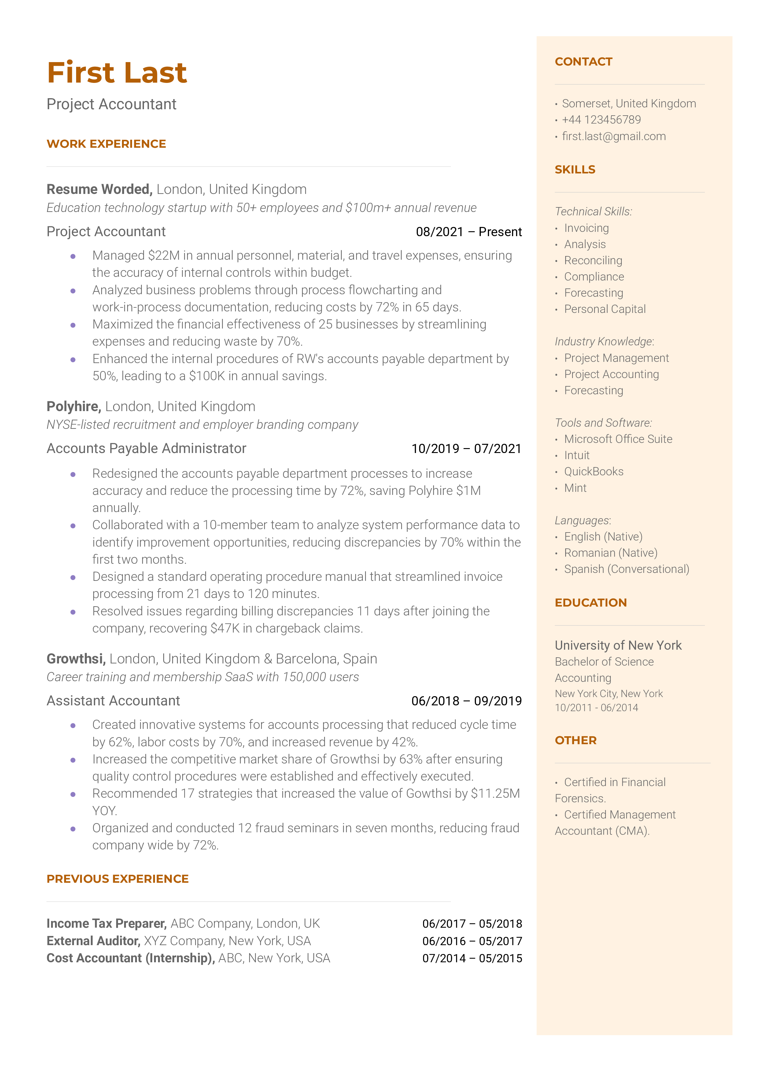 A well-structured CV for a Project Accountant role showcasing software proficiency and project-specific achievements.