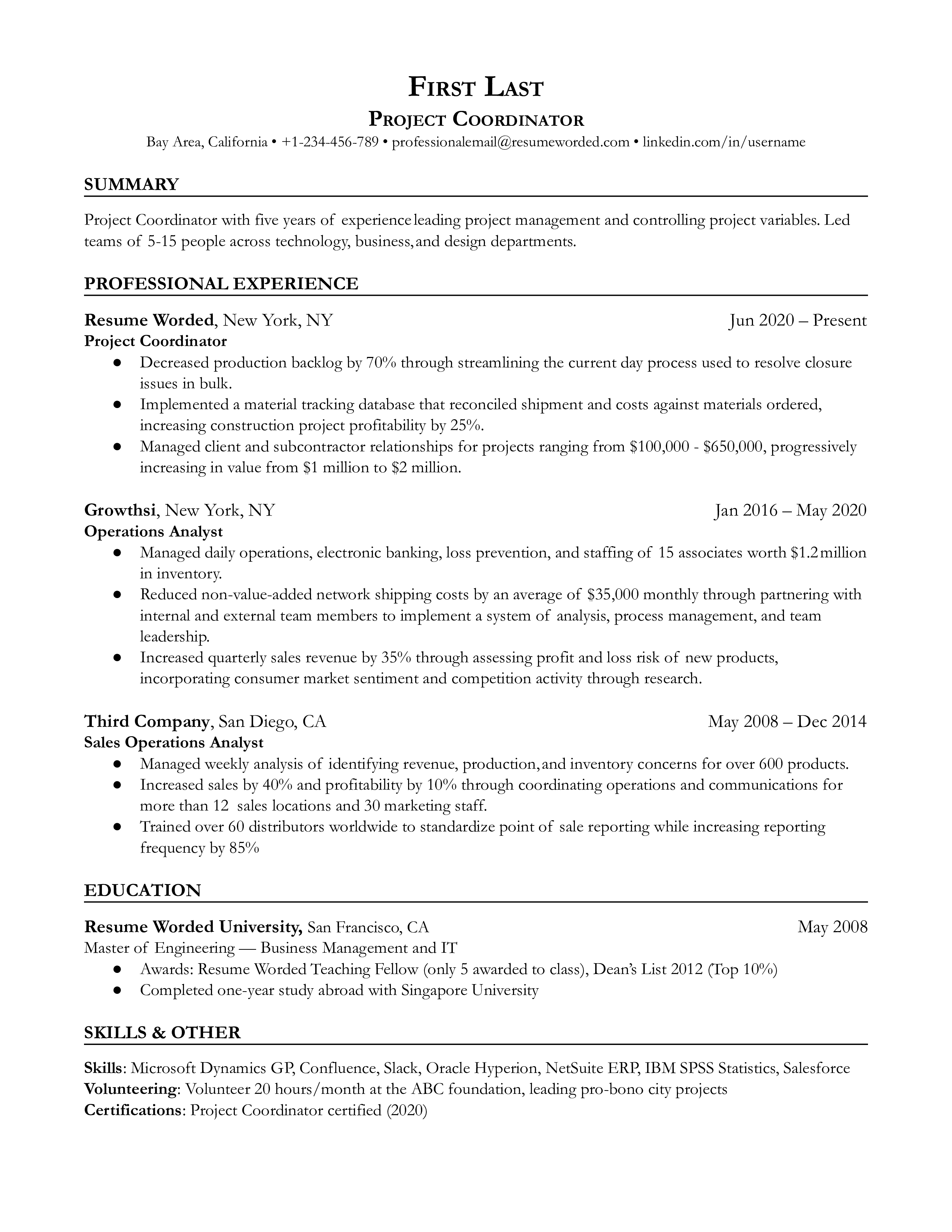 Project Coordinator resume showcasing certifications and software proficiency