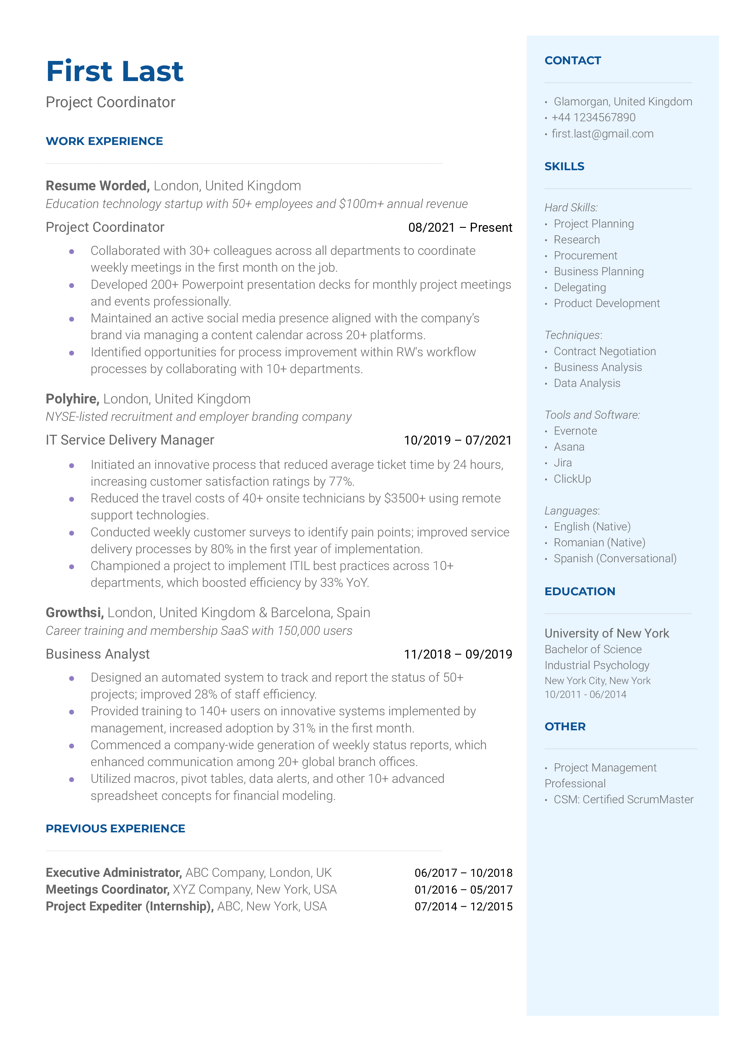 Screengrab of a Project Coordinator CV, showcasing software skills and remote work experience.