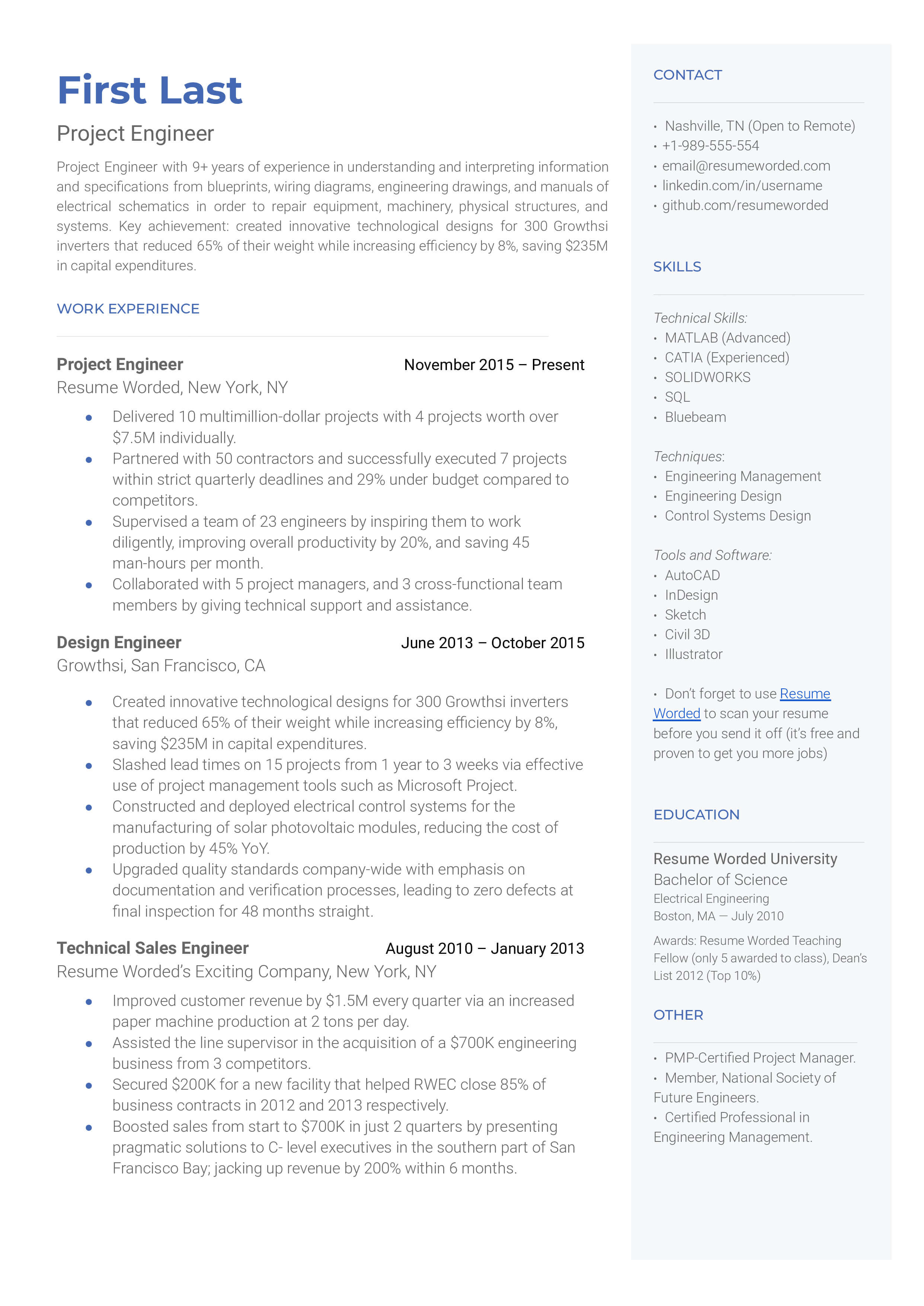 Example of a Project Engineer's CV showcasing industry-specific skills and experience.