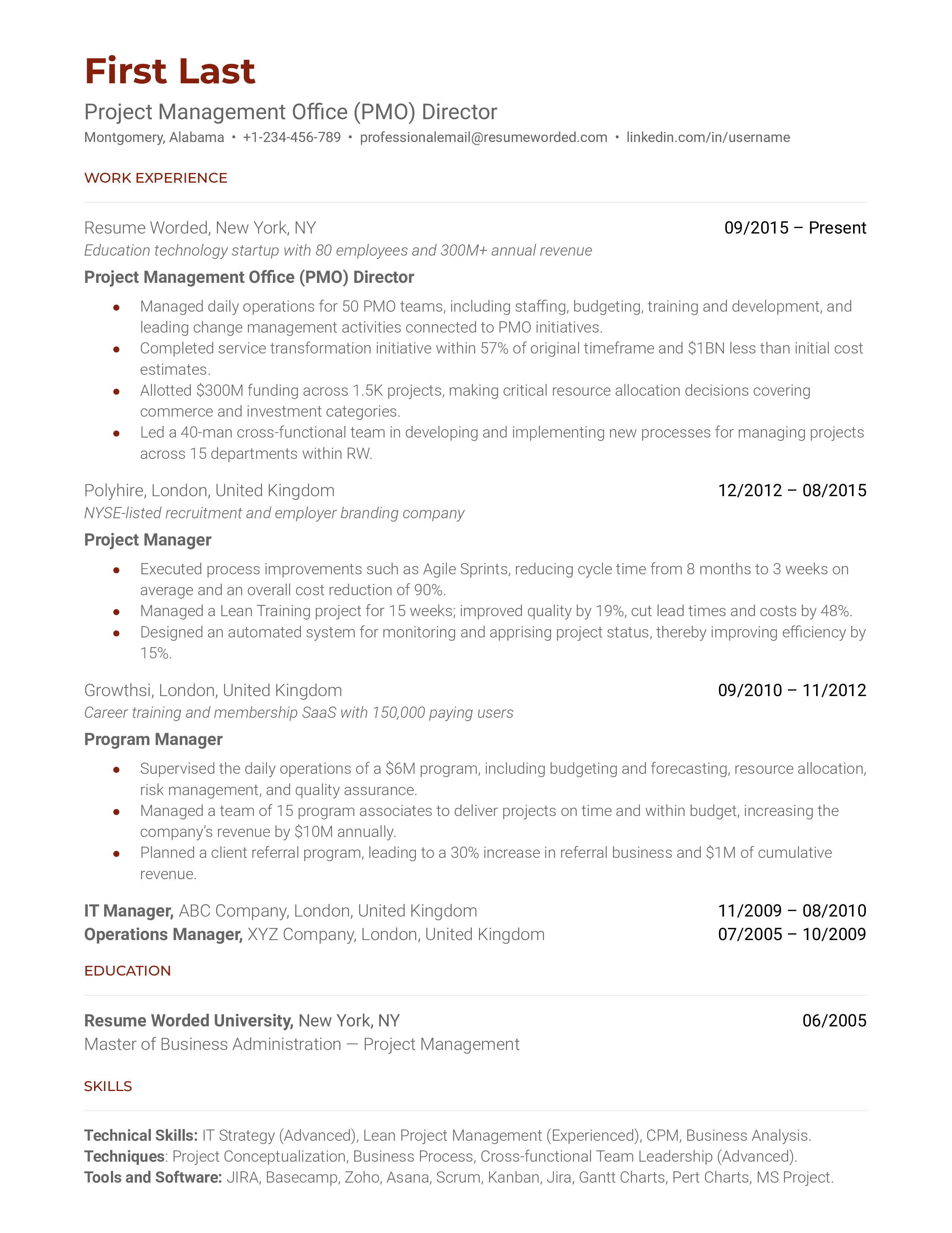 Project Management Office (PMO) Director Resume Sample