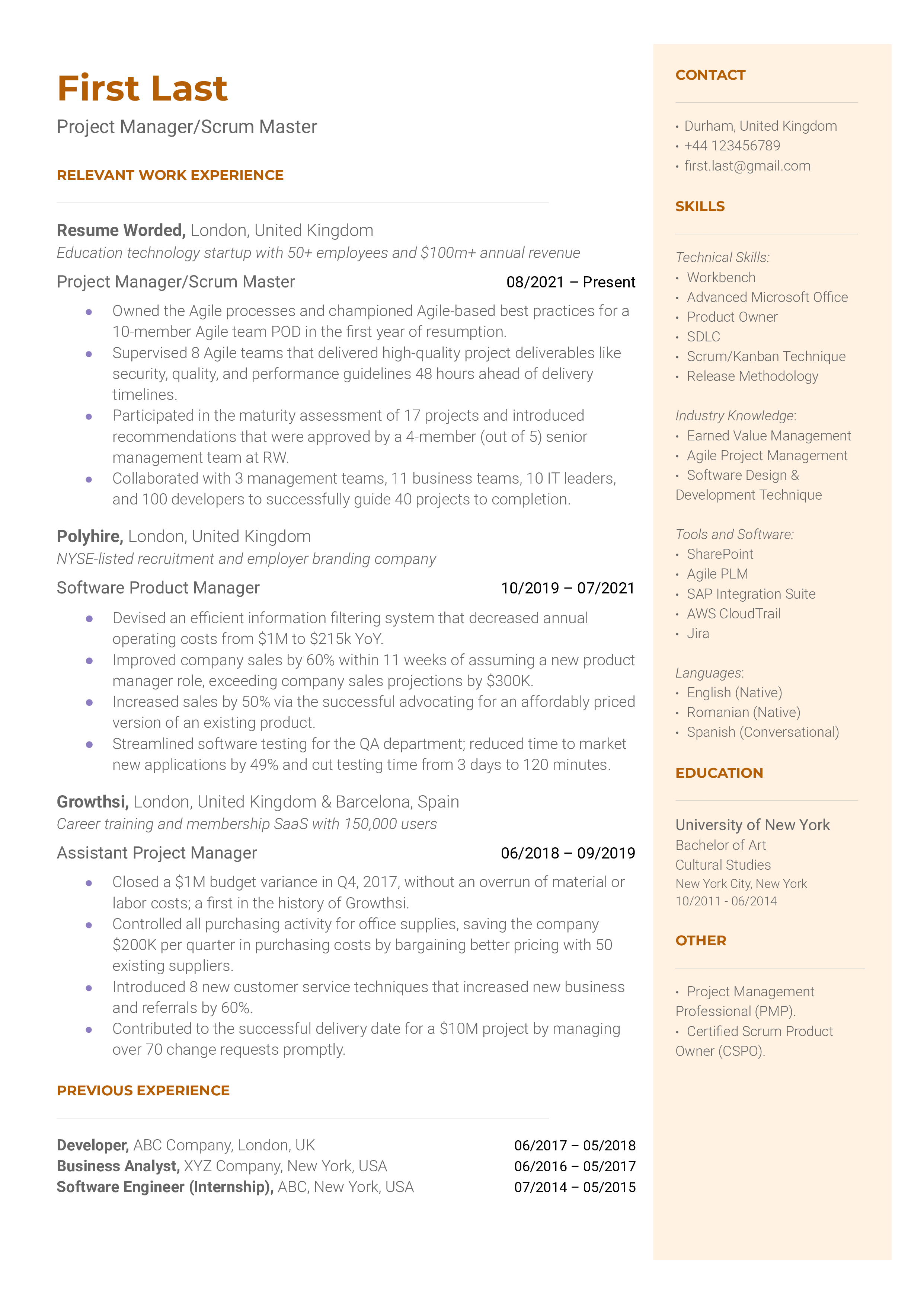 A program manager Scrum Master resume sample that highlights the applicant's Agile qualifications and management experience.