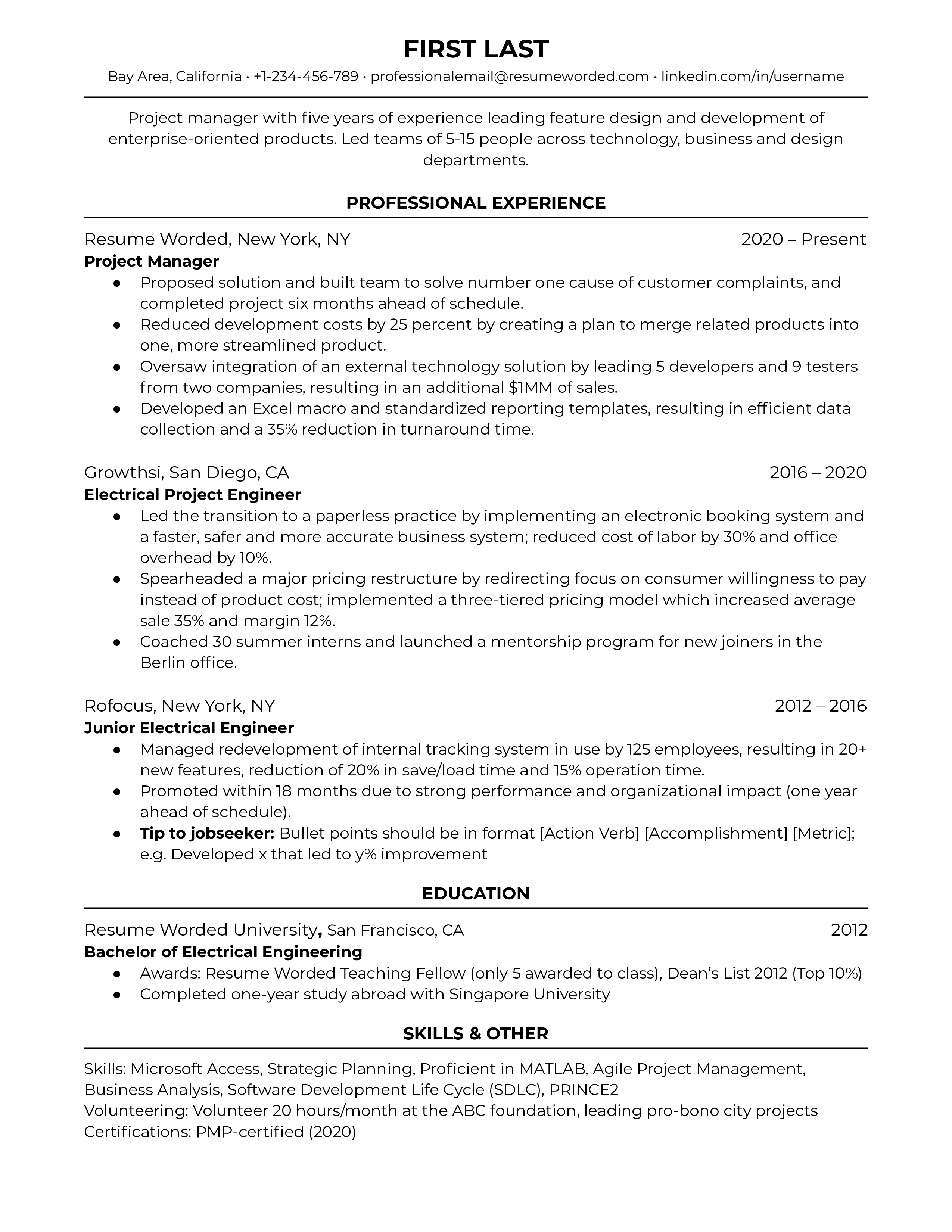 Project manager resume template with bullet points, relevant skills, and strong action verbs.