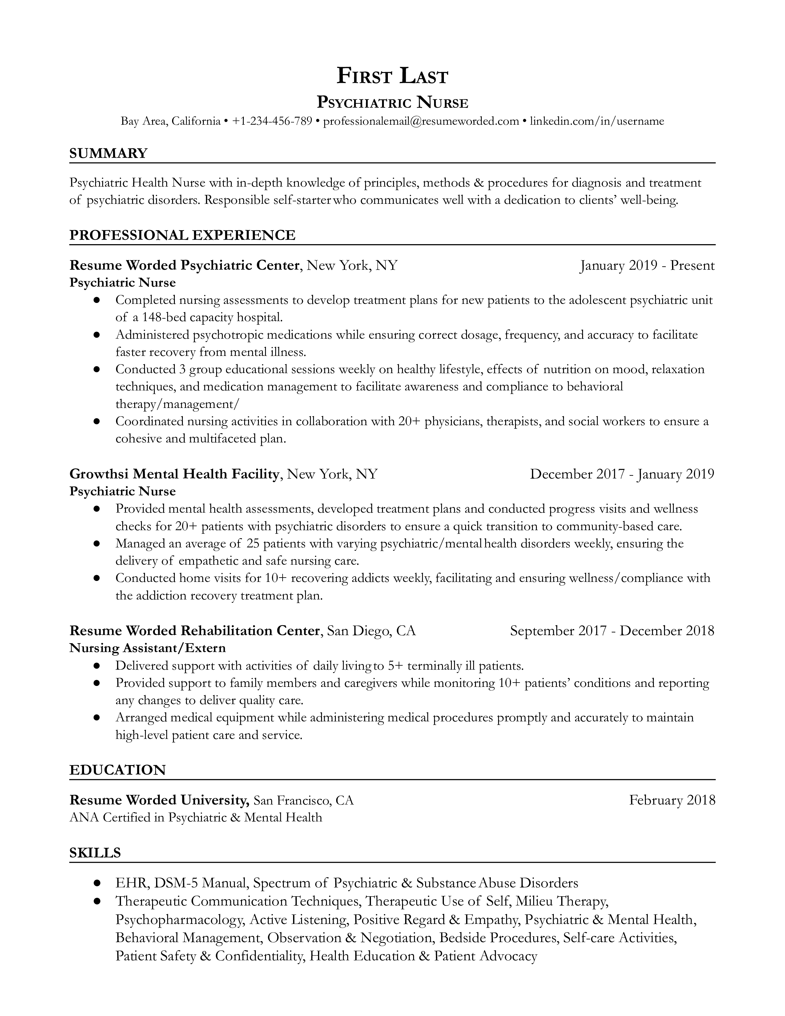 Psychiatric nurse resume template sample with a resume summary that uses bullet points to highlight transferable skills