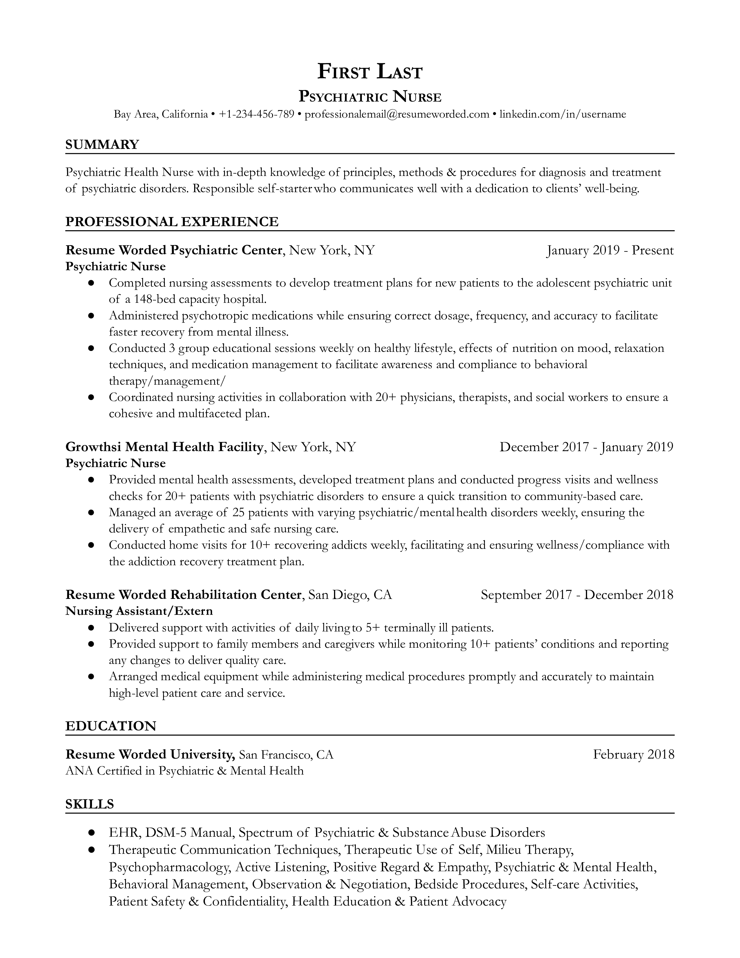 Psychiatric Nurse Resume Sample