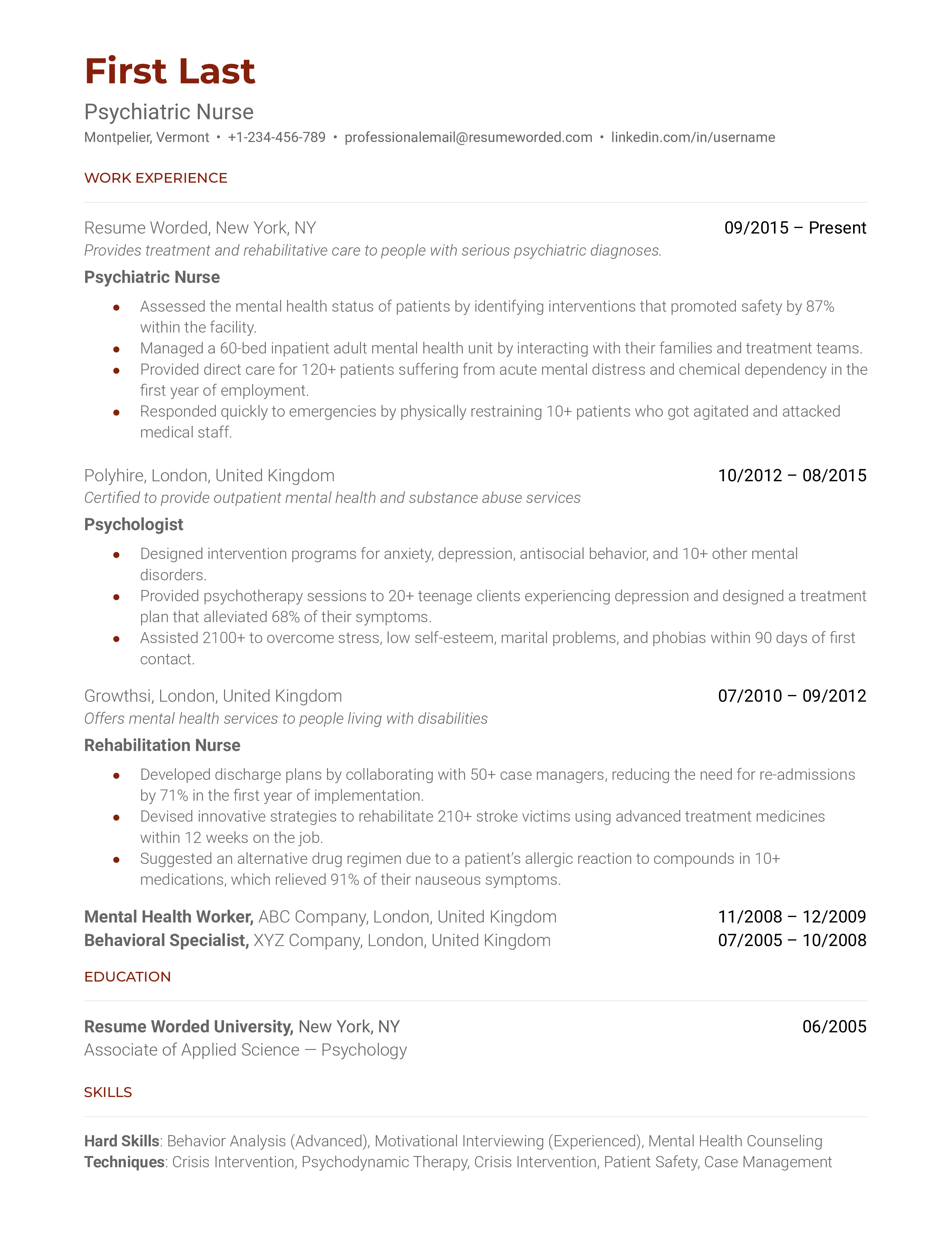 A resume for a psychiatric nurse with a degree in psychatric & mental health, and prior experience as a nursing assistant.
