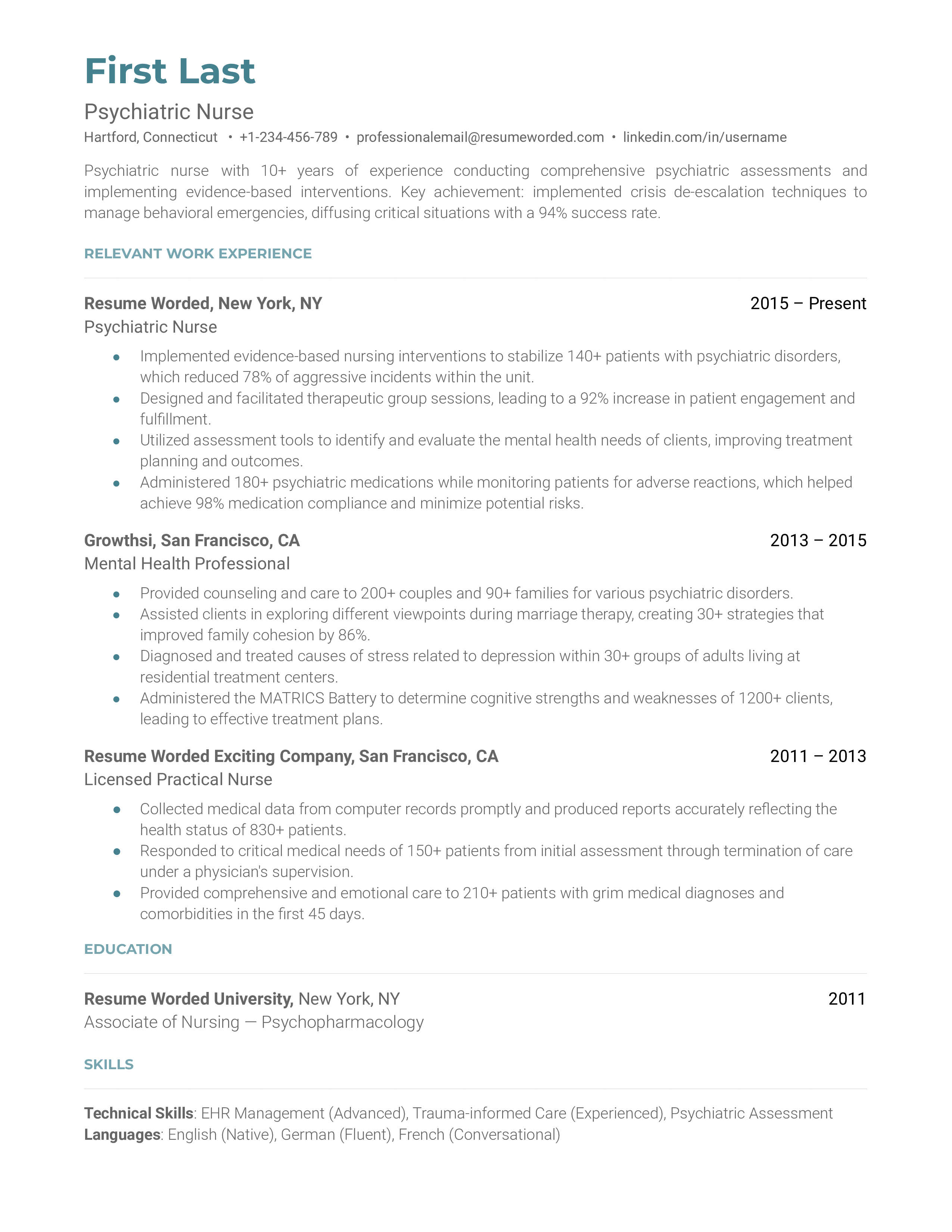 Psychiatric Nurse Resume Examples for 2023 Resume Worded