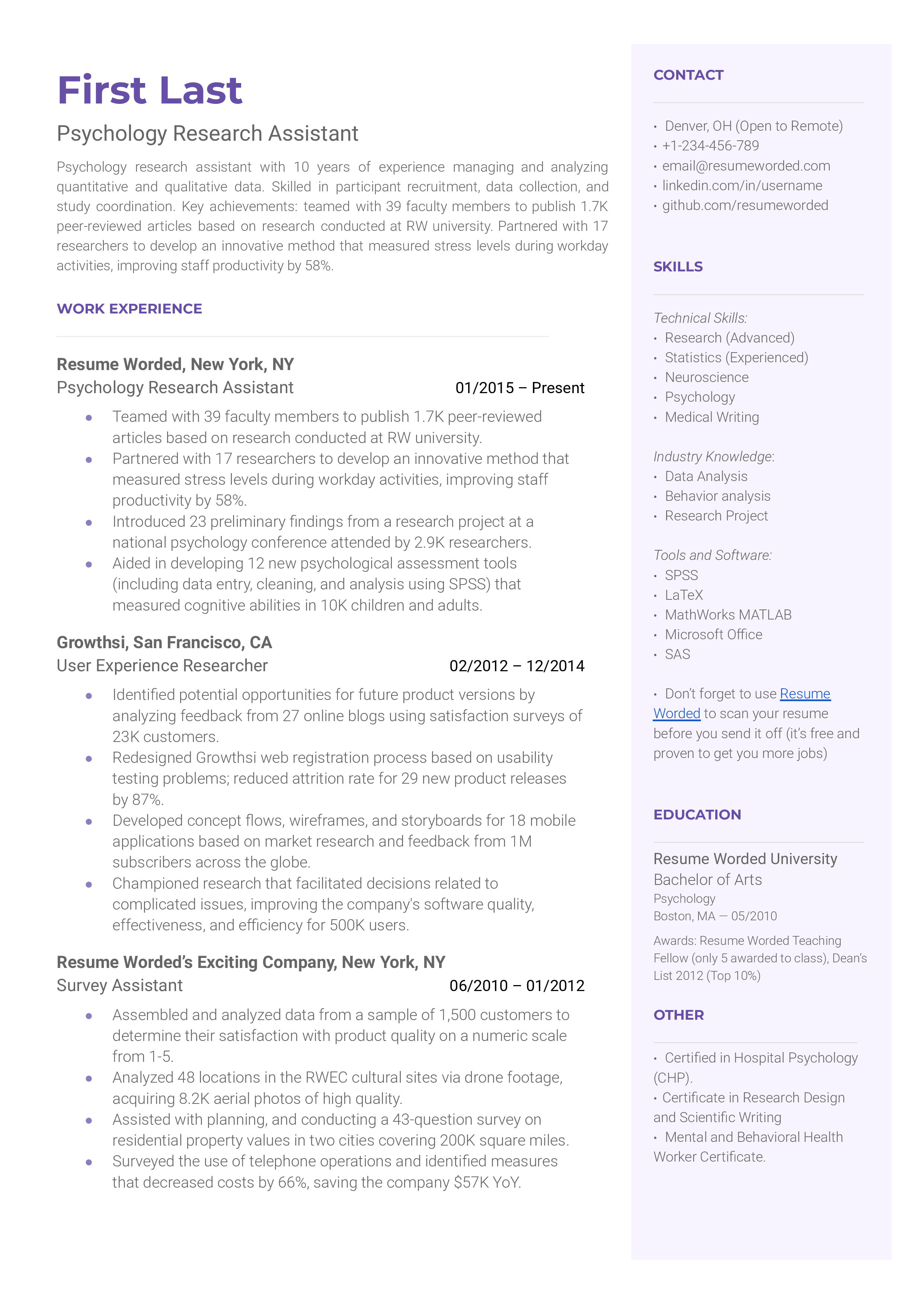 Sample CV for a Psychology Research Assistant position.