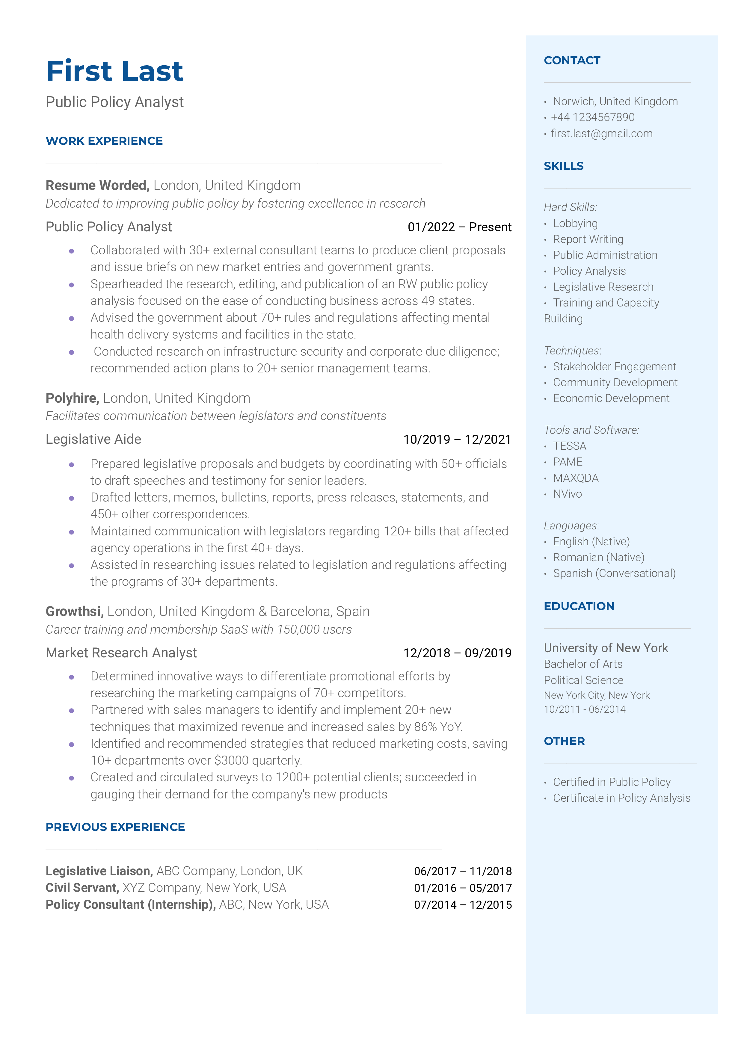 Public Policy Analyst Resume Sample