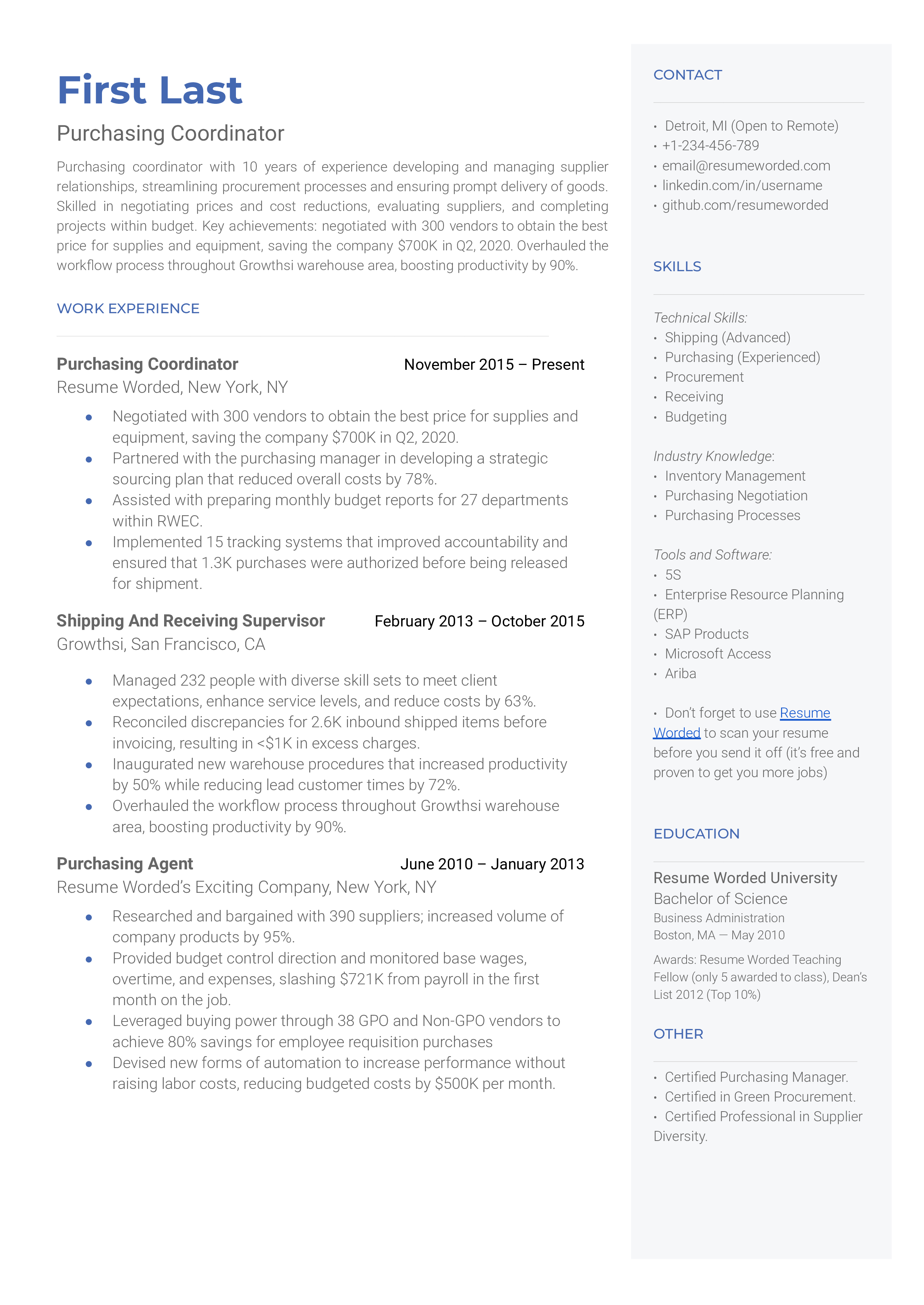 A purchasing coordinator resume template including a professional description, work experience, and additional information.