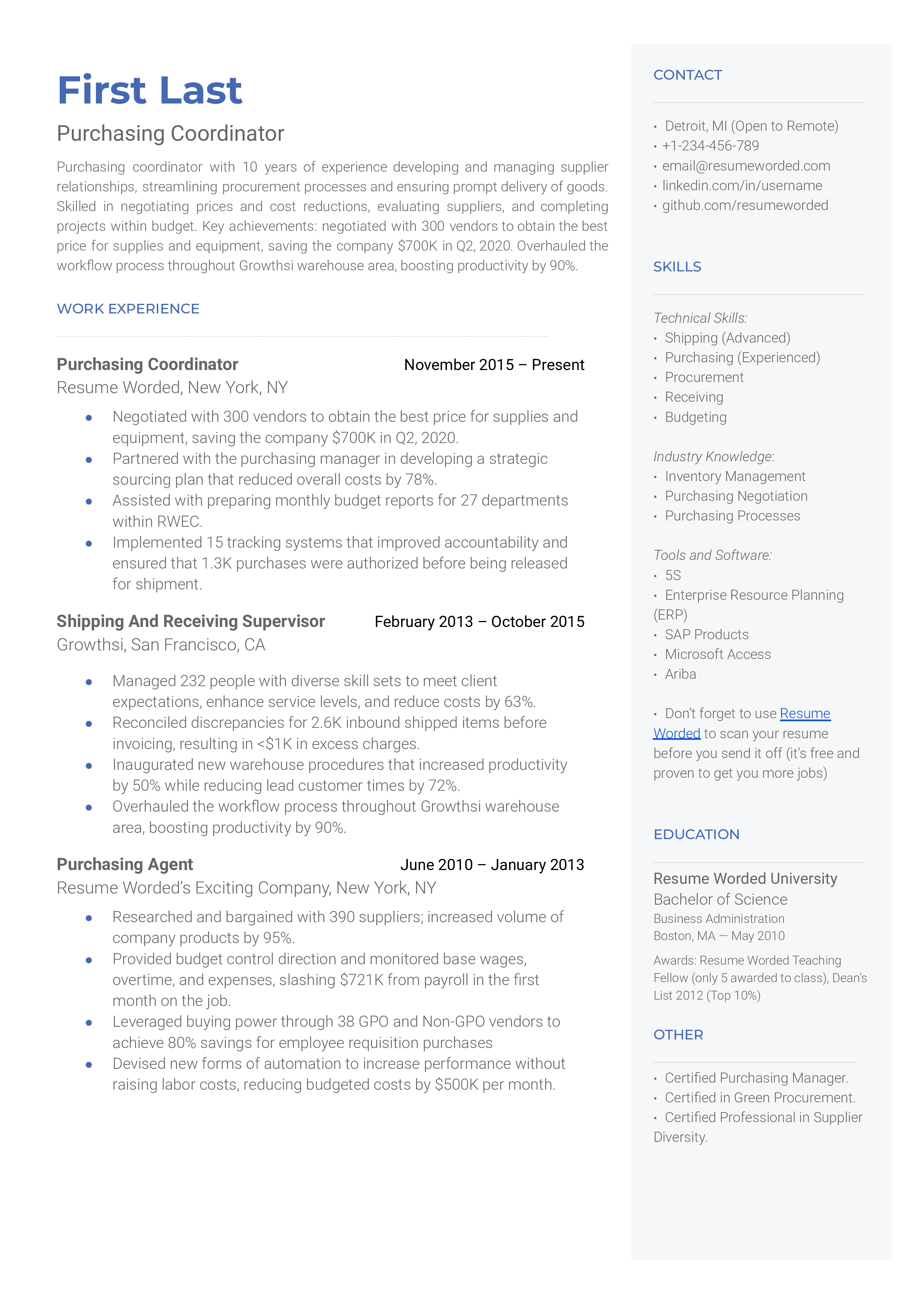 A detailed CV highlighting software proficiency and negotiation skills for a Purchasing Coordinator role.