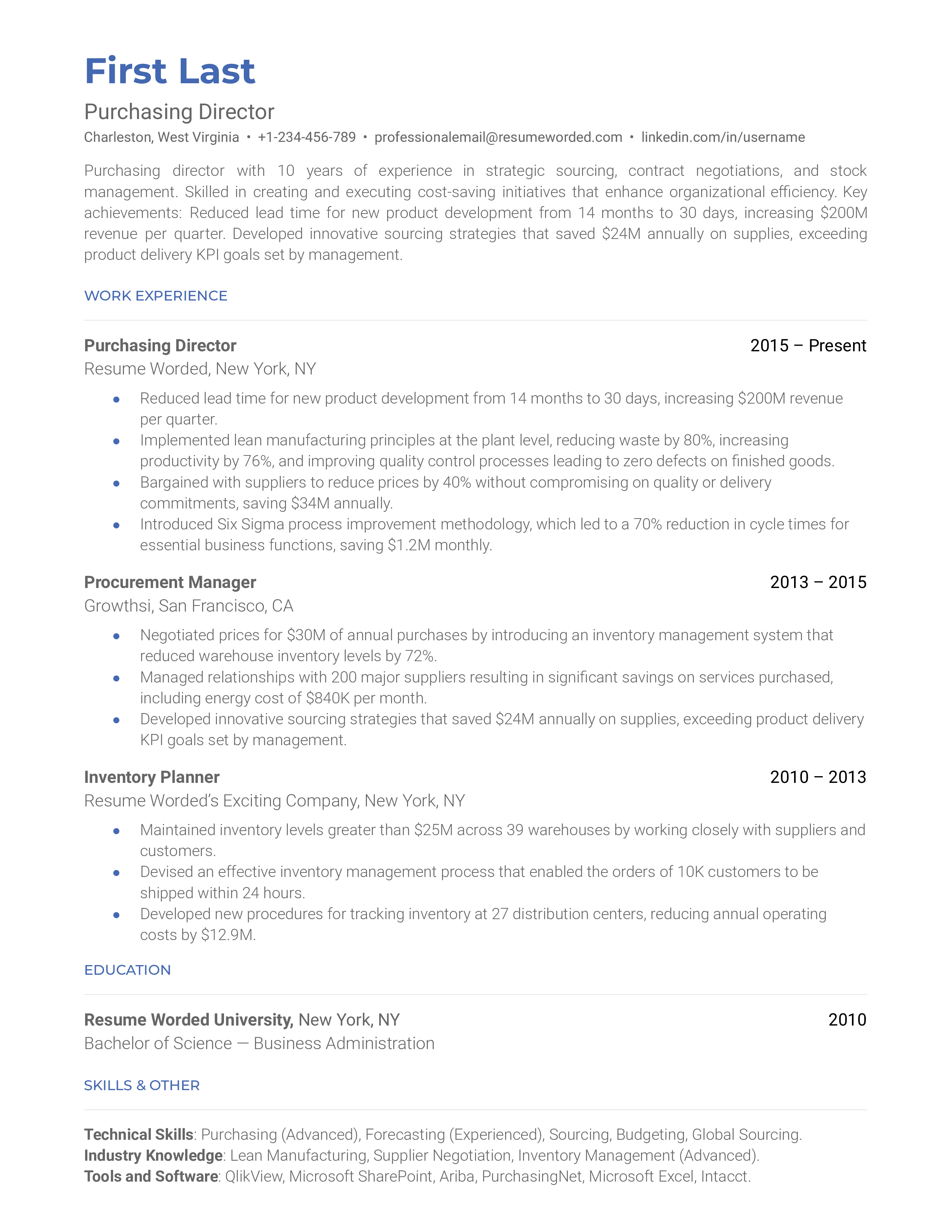 A purchasing director resume example that organizes work experience chronologically