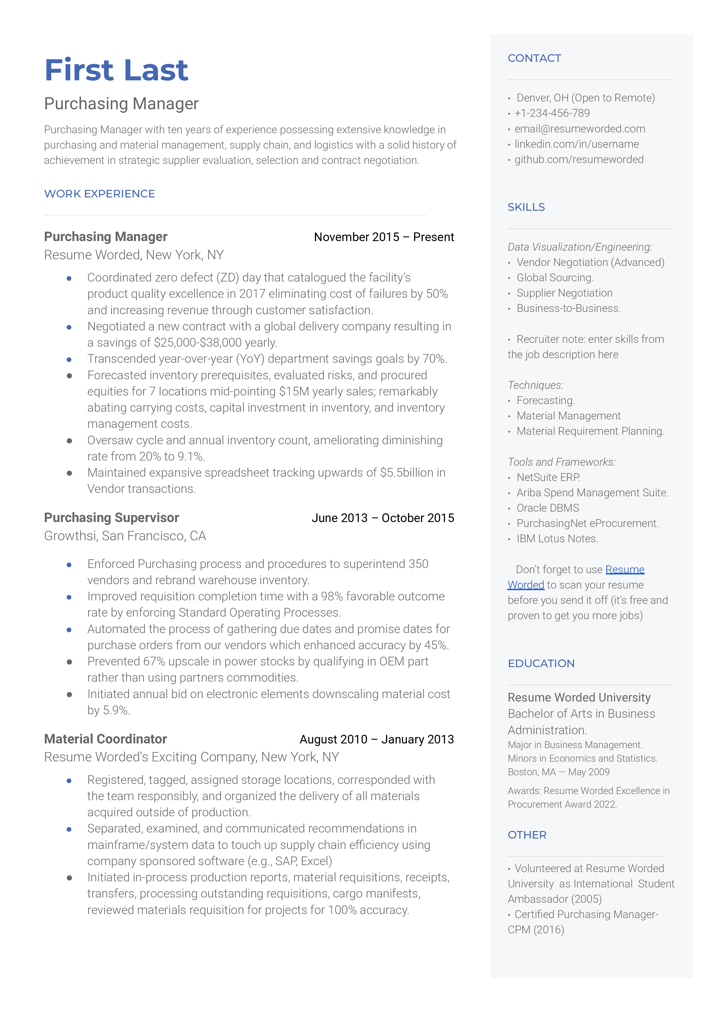 Purchasing Manager Resume Sample
