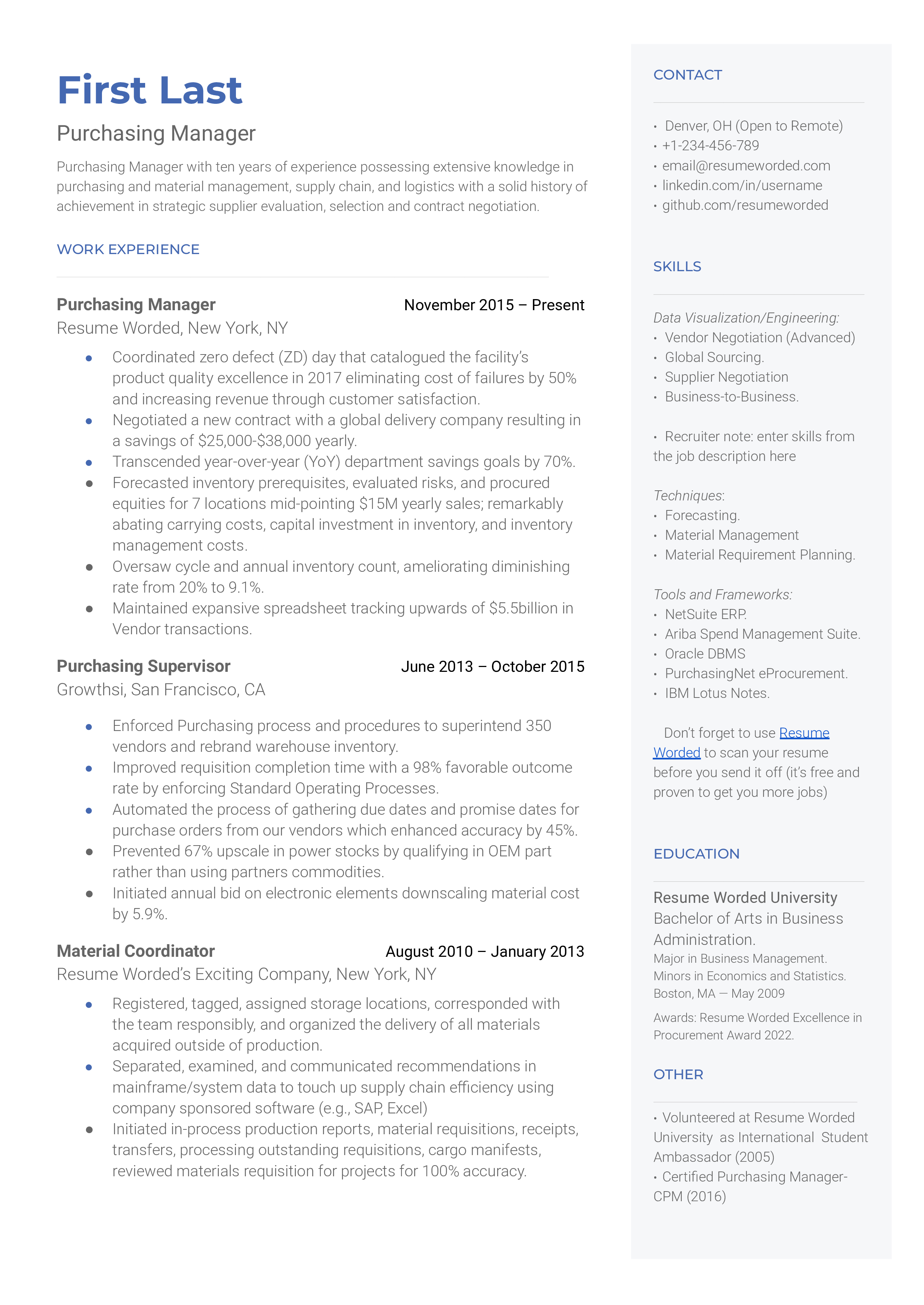 A well-structured CV of a Purchasing Manager showcasing their strategic thinking and technology skills.