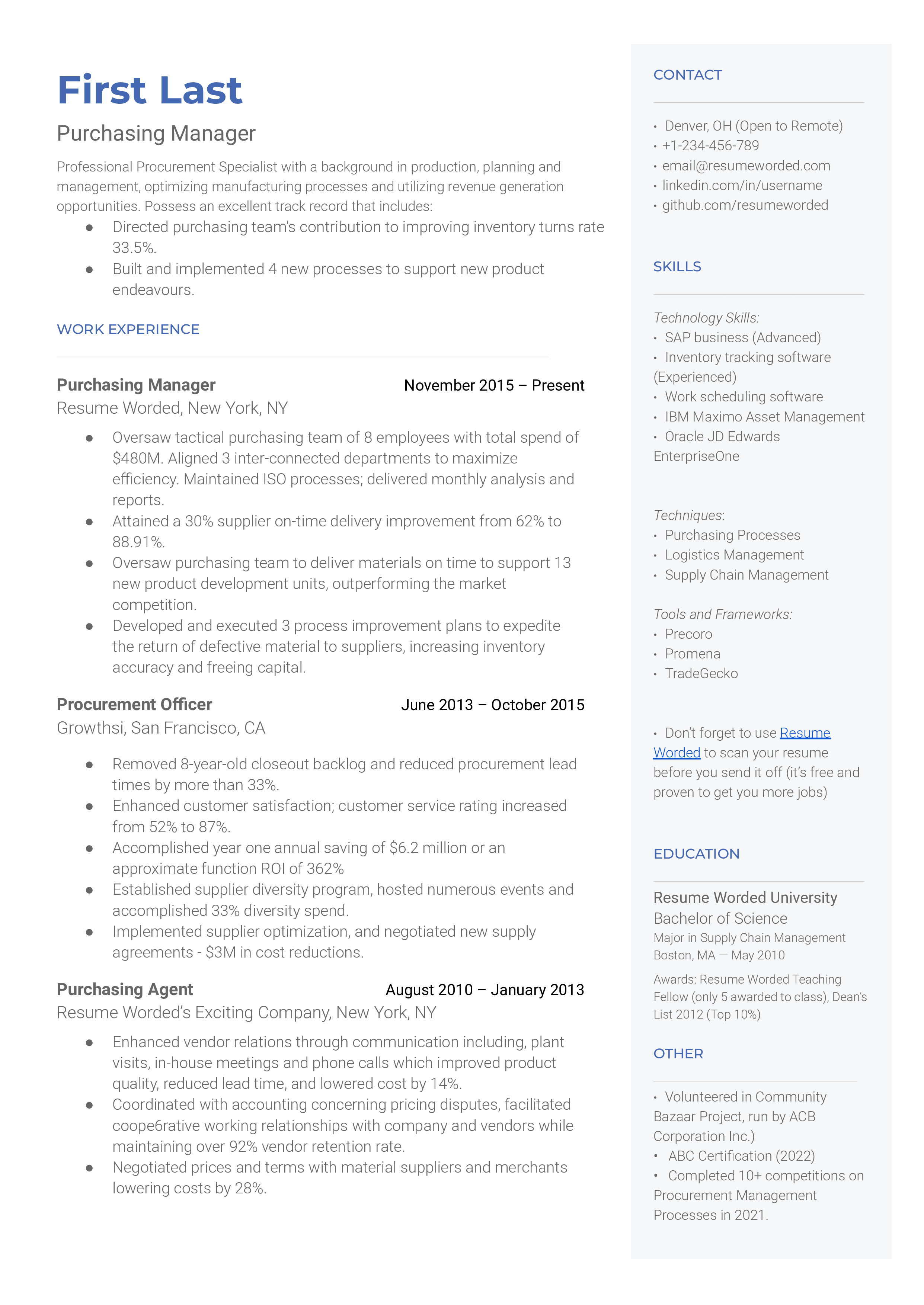 A purchasing manager resume template that includes a brief description with bullet points and strong action verbs 