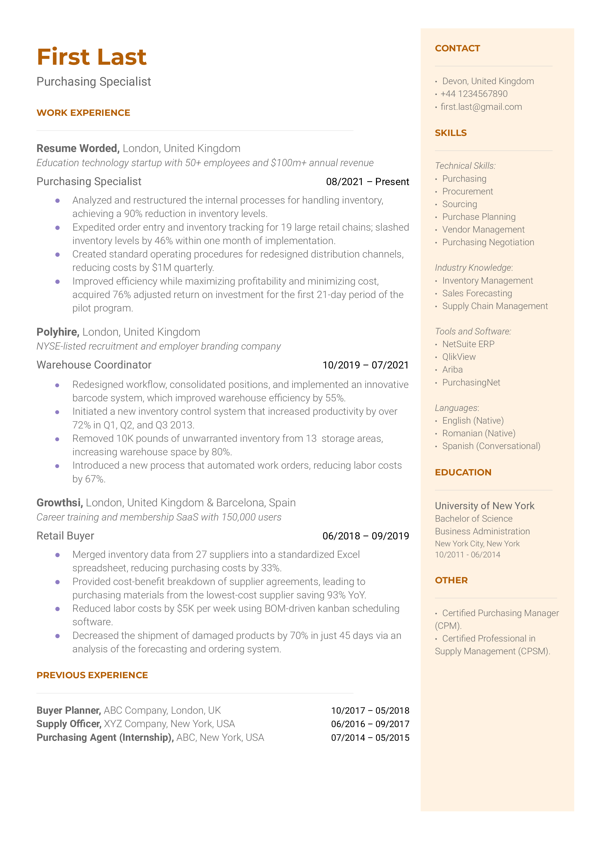 Purchasing Specialist Resume Sample