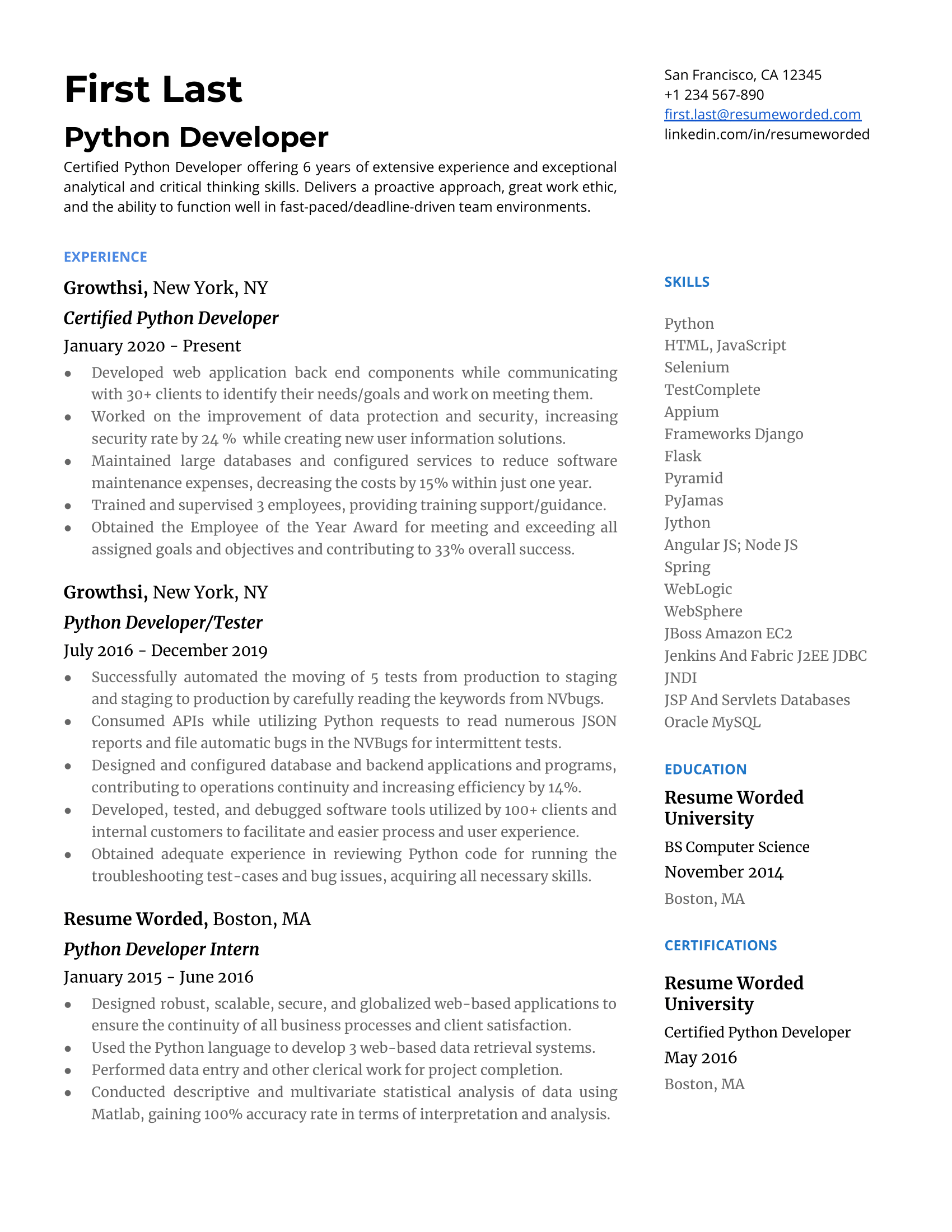 Python developer CV showcasing detailed project experience and proficiency in a variety of Python libraries and frameworks.
