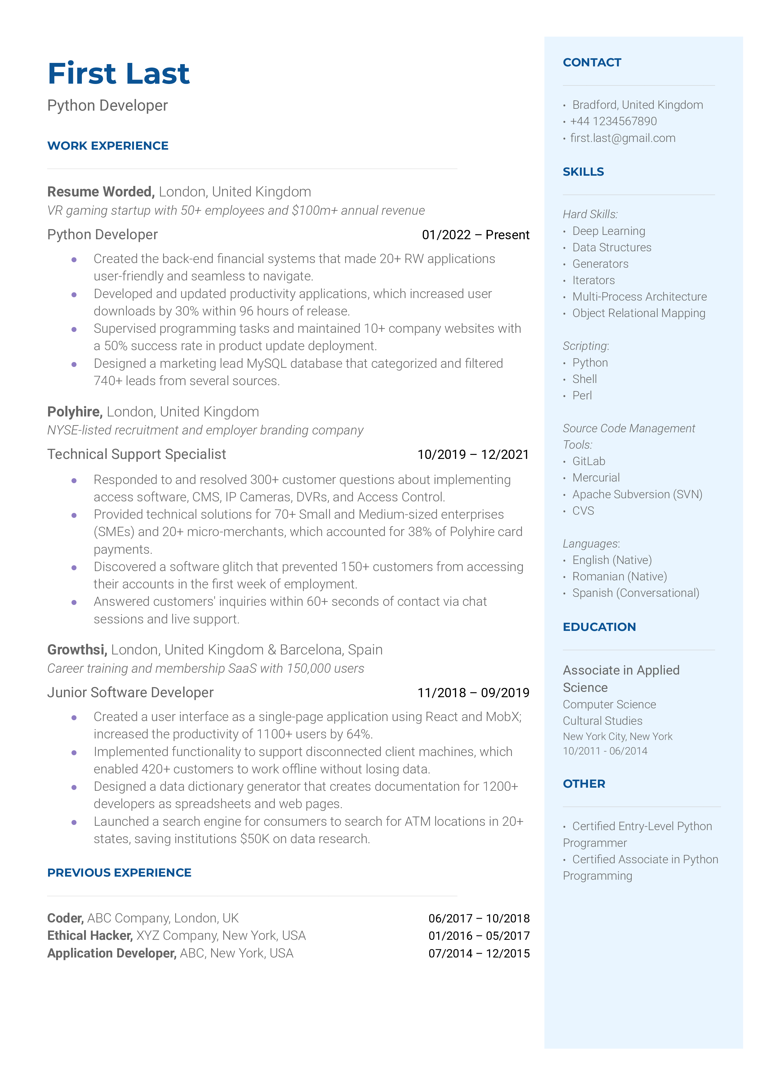 A Python developer's CV showcasing their skills in Python libraries and machine learning expertise.