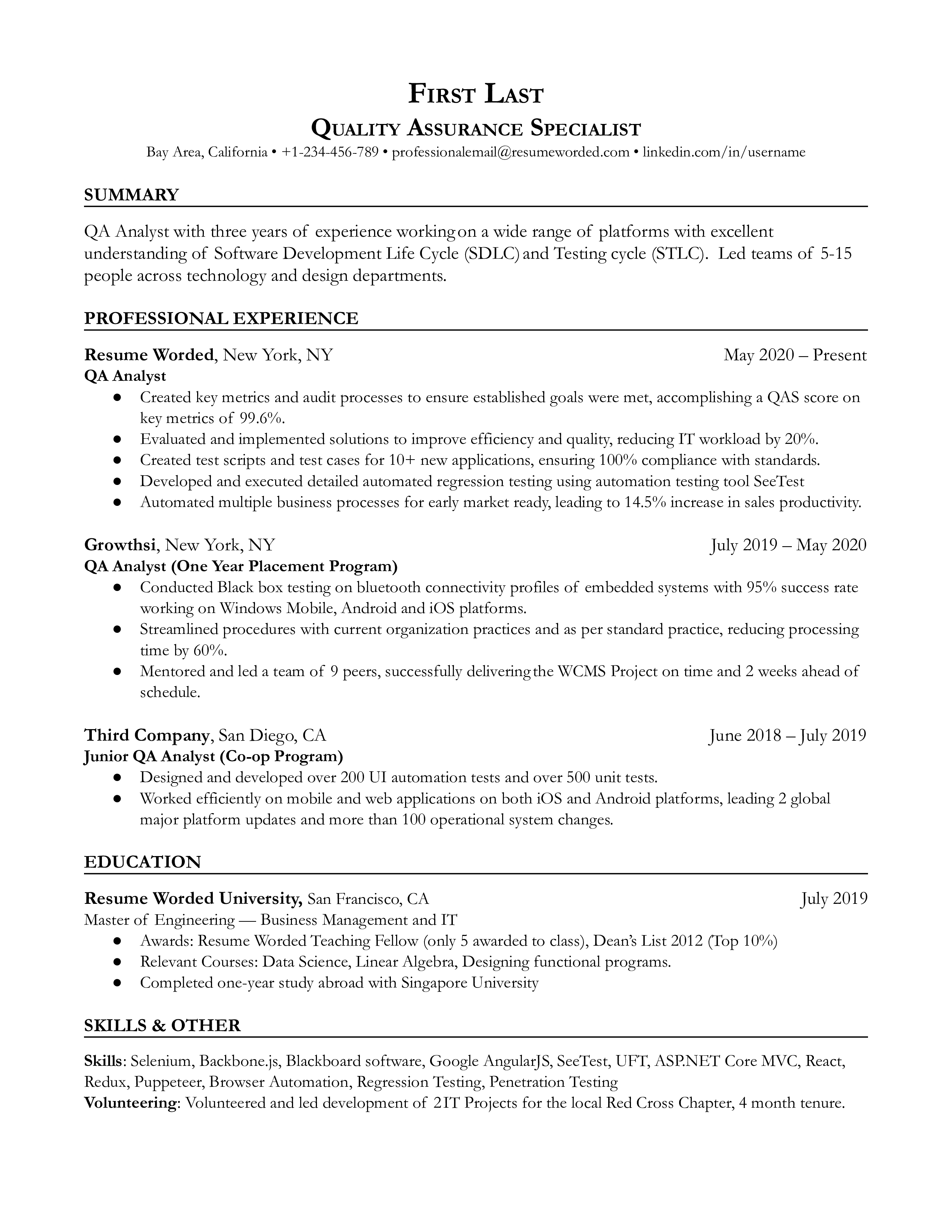Quality Assurance Analyst's resume with focus on testing tools and project management skills.