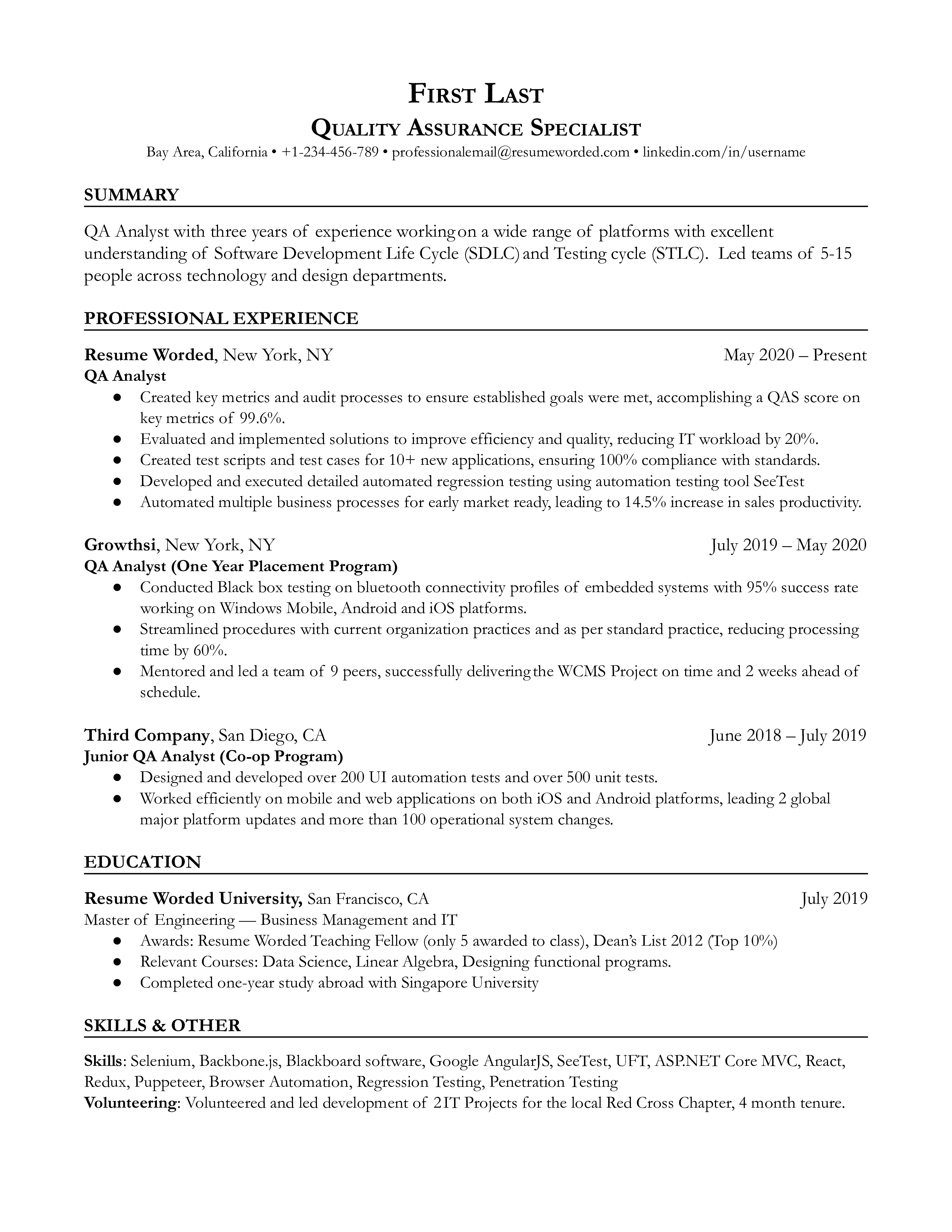 sample resume for experienced qa tester