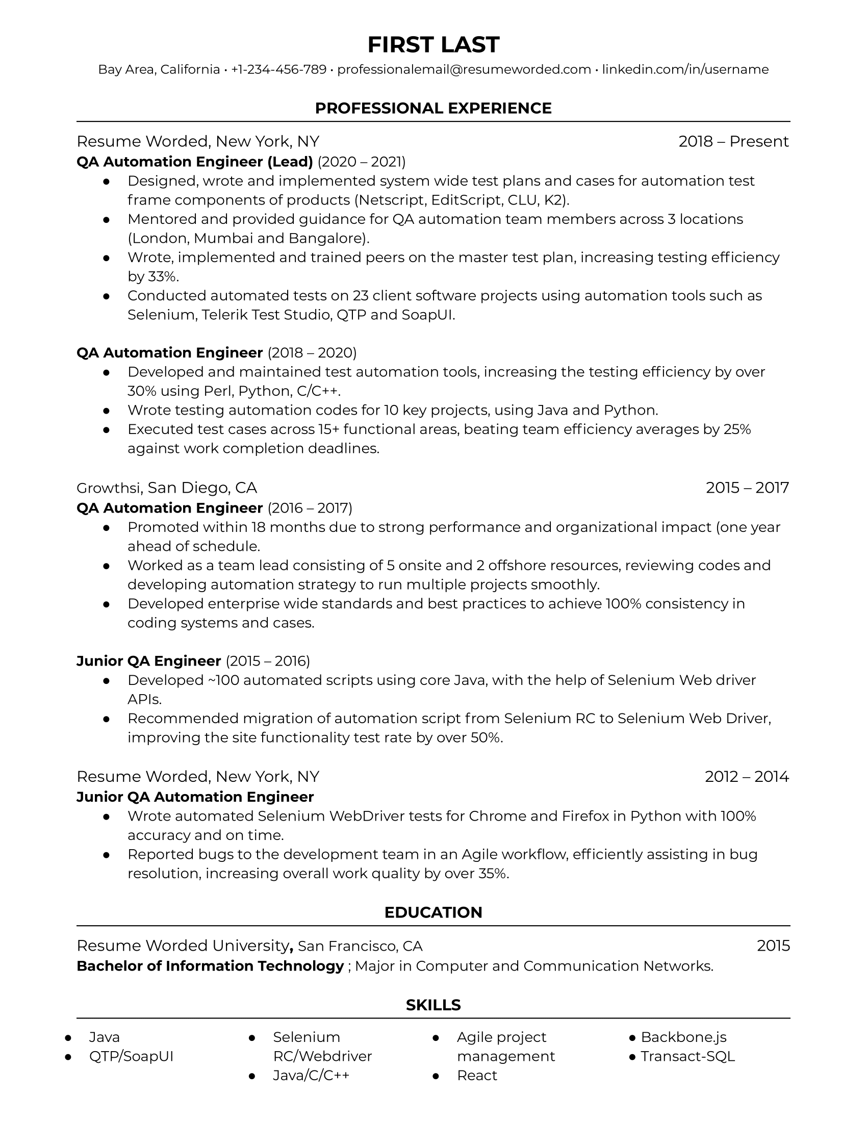 QA automation engineer resume sample that quantifies the applicant's success and updated skills set