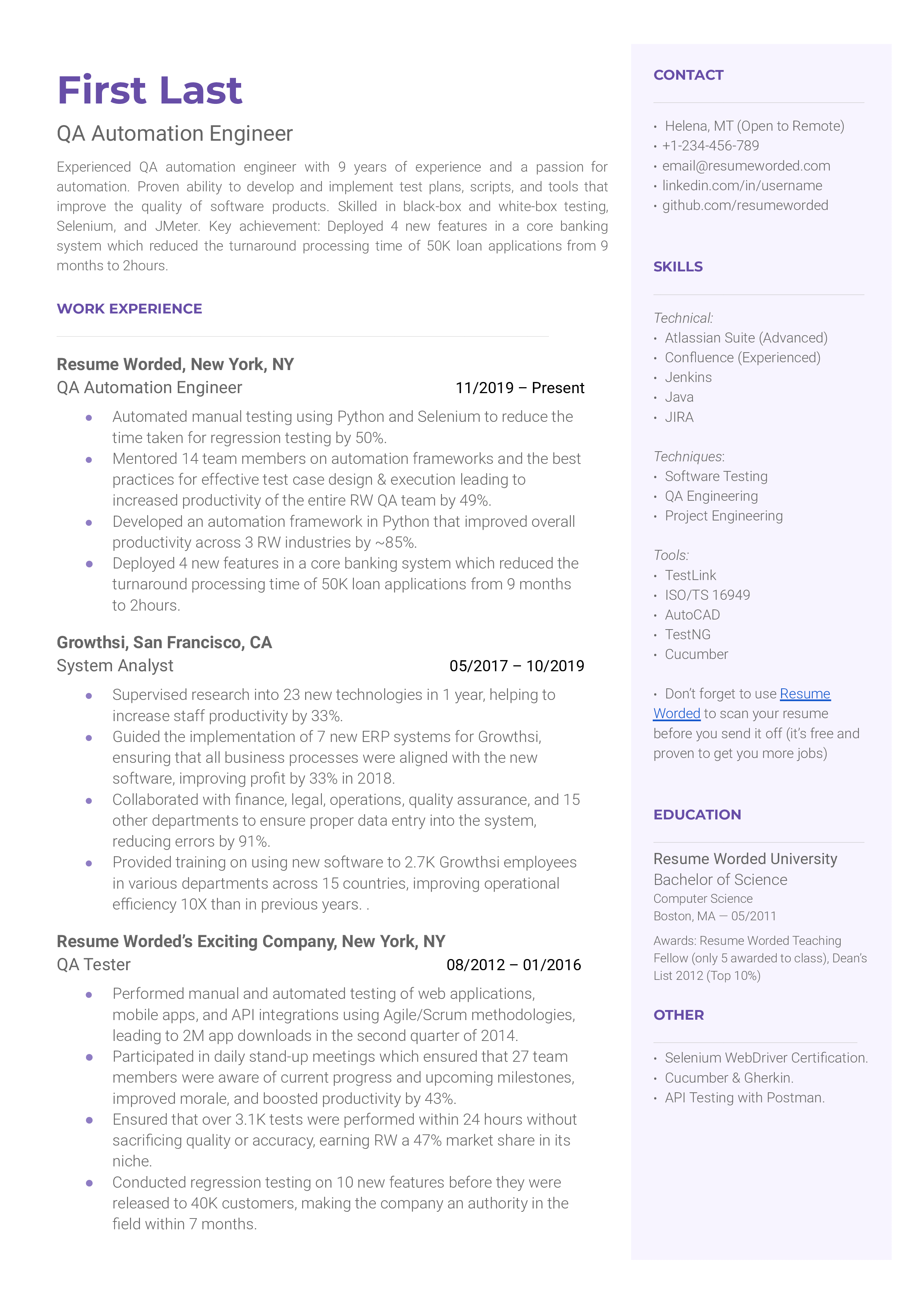 A professional CV of a QA Automation Engineer highlighting technical skills and understanding of the development cycle.