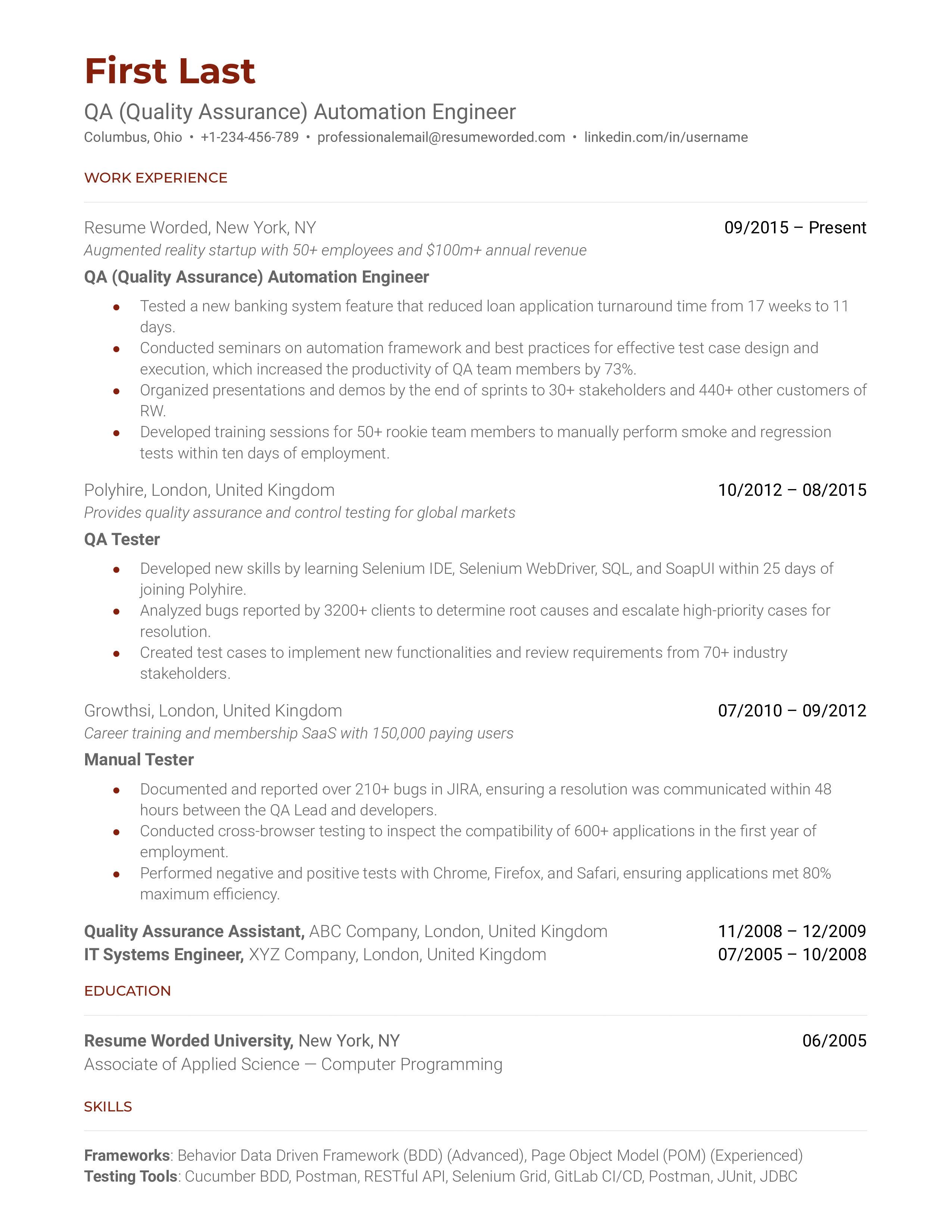 A well-structured CV of a QA Automation Engineer showcasing their technical skills and problem-solving abilities.